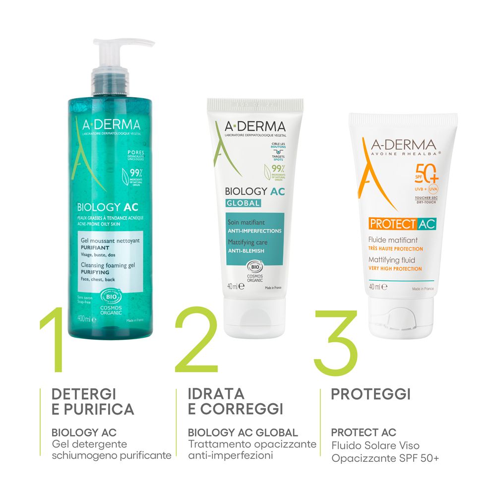 Drei Produkte: Reinigungsgel, Creme und Sonnenschutz. Alle mit A-Derma-Logo.
