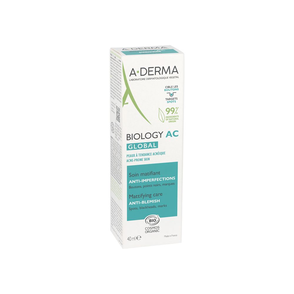 Kartonverpackung mit Creme-Tube. Marke: A-Derma. Enthält Informationen zu Inhaltsstoffen und Anwendung.