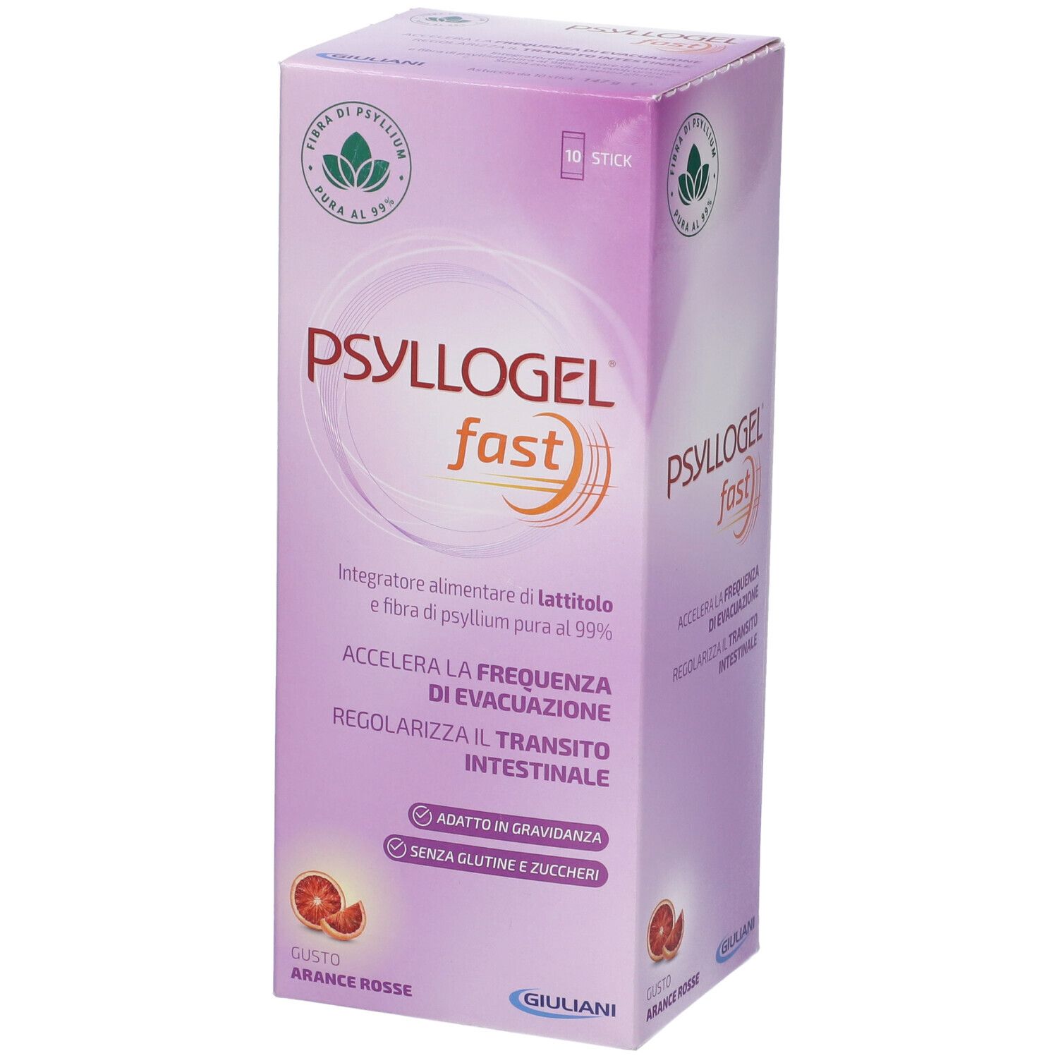 Scatola viola Psyllogel Fast. Contiene 10 stick. Scritto: 'Adatto in gravidanza', 'Senza glutine e zuccheri'.
