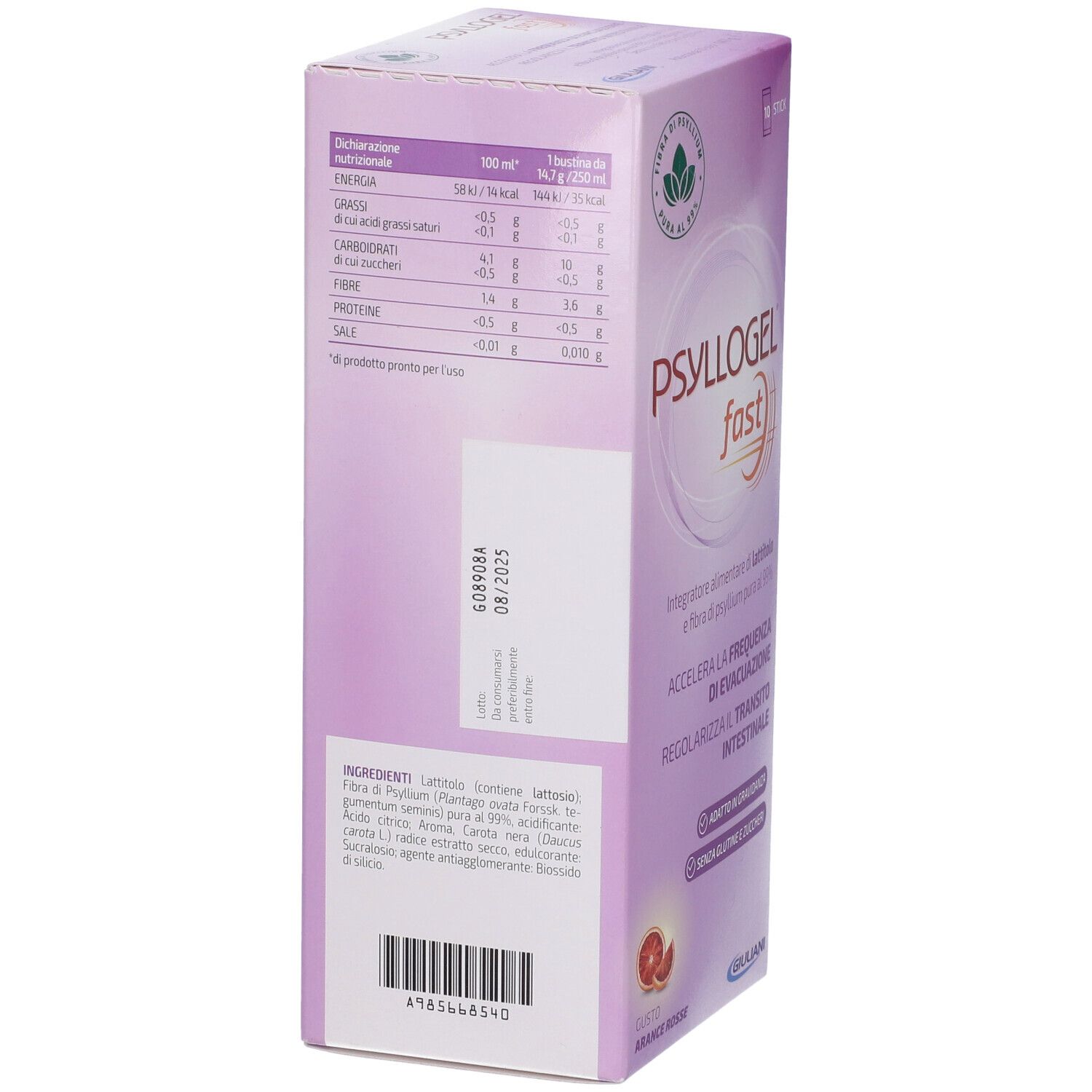 Retro della confezione Psyllogel Fast. Informazioni nutrizionali e ingredienti. Scadenza: 08/2025.