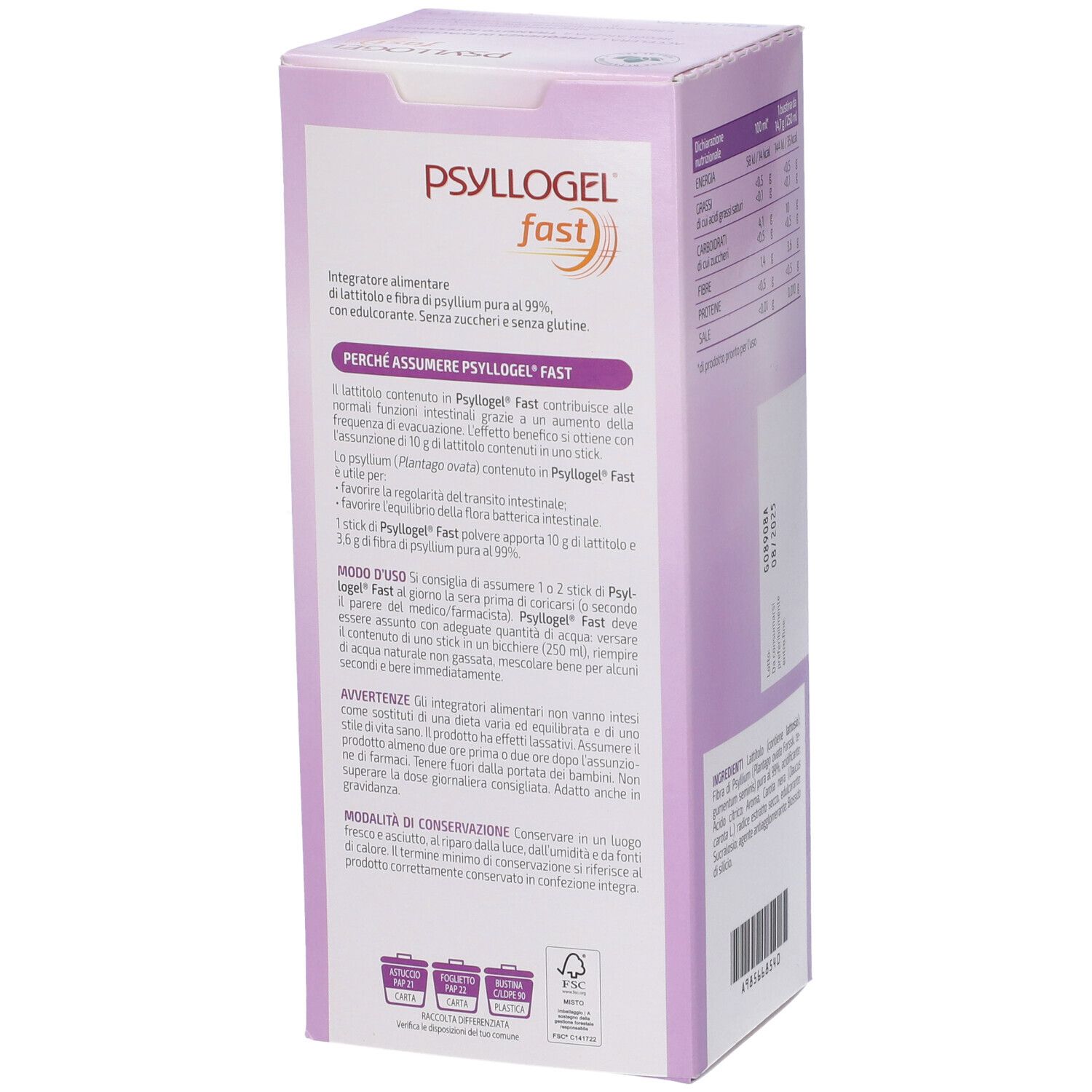 Lato della confezione Psyllogel Fast. Testo: 'Perché assumere Psyllogel Fast'. Istruzioni e avvertenze.