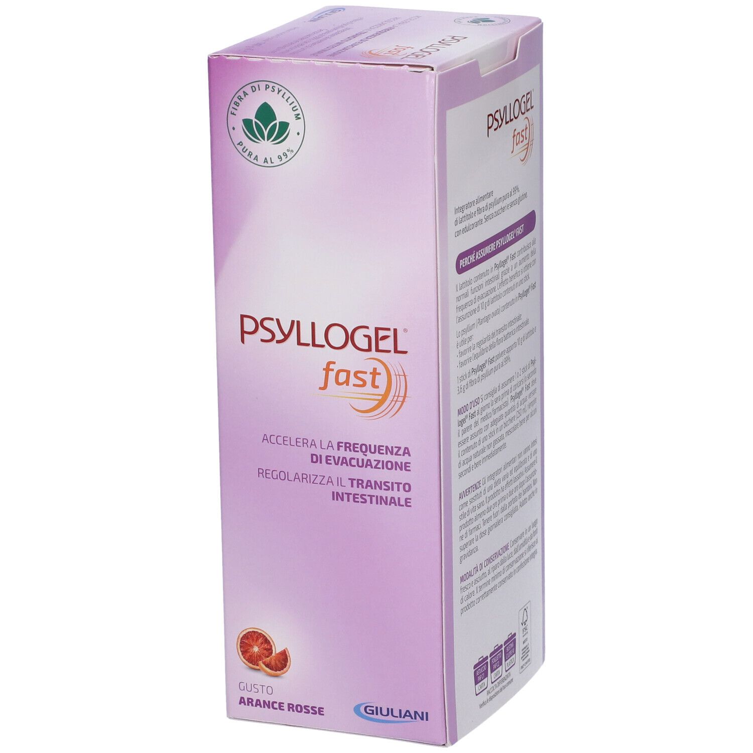 Confezione Psyllogel Fast in diagonale. Scatola viola con nome del prodotto e dettagli. Arancia rossa.