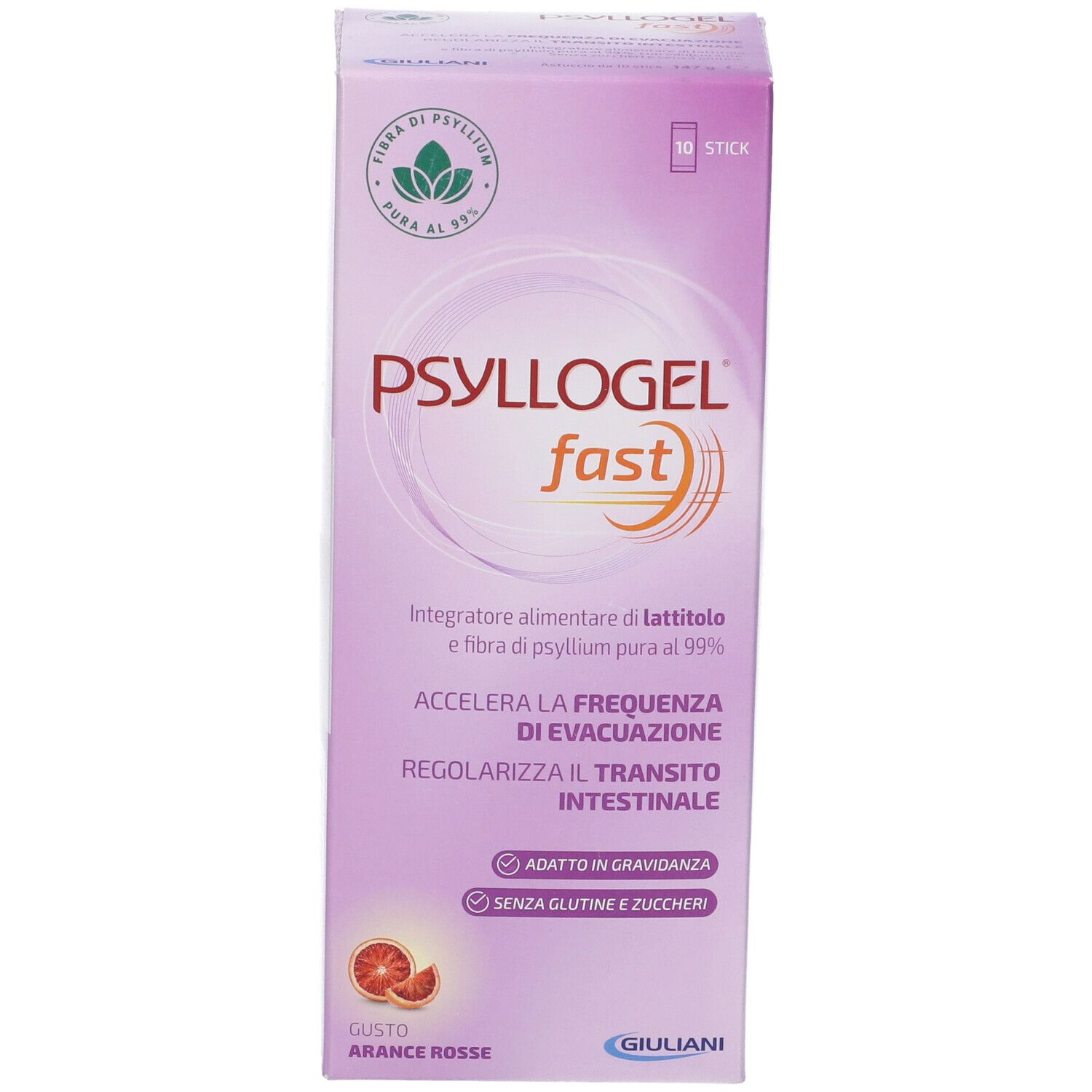Confezione Psyllogel Fast. Scatola viola con nome del prodotto e dettagli. '10 stick' e arancia rossa.