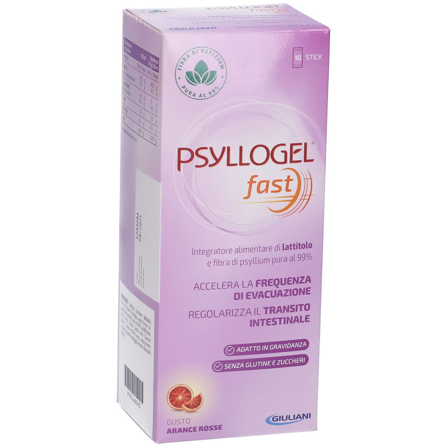Confezione Psyllogel Fast. Scatola viola con nome del prodotto e dettagli. '10 stick' e arancia rossa.