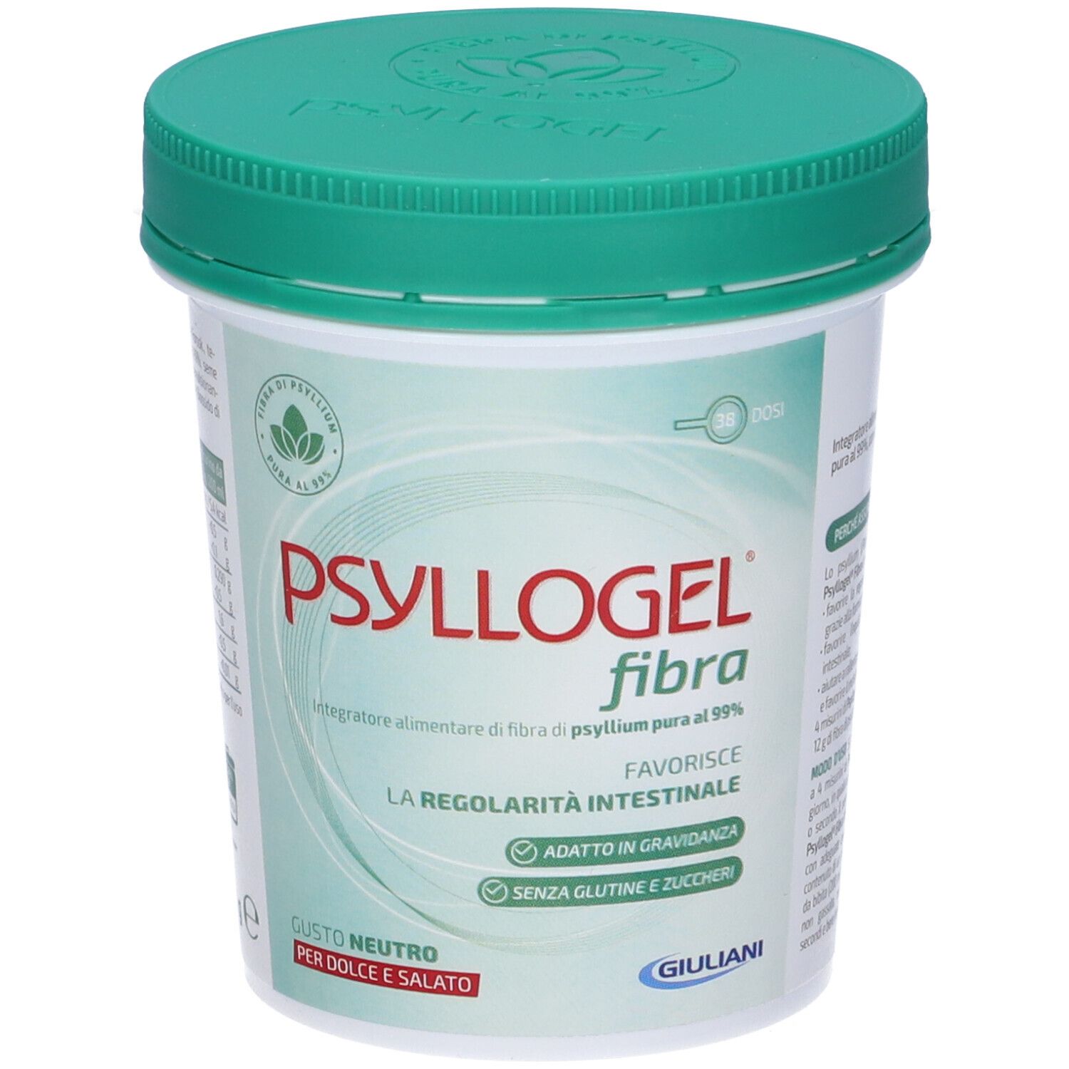 Contenitore con coperchio verde. Scritta: Psyllogel Fibra. Testo: Favorisce la regolarità intestinale. Senza glutine e zuccheri.