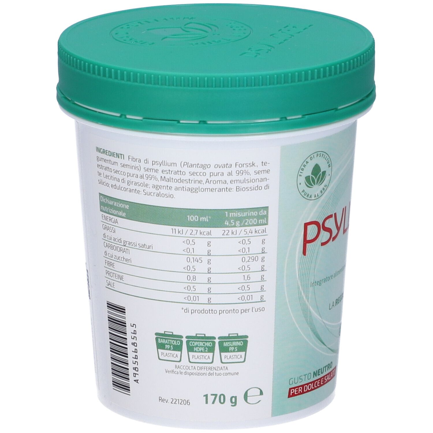 Contenitore con coperchio verde. Retro con informazioni nutrizionali e ingredienti. Peso: 170 g.