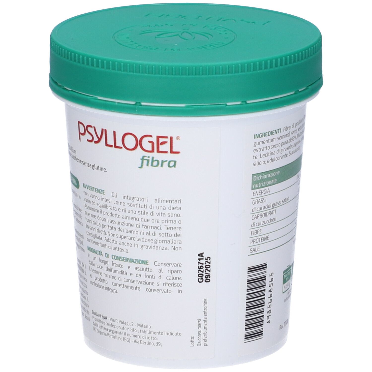 Contenitore con coperchio verde. Testo: Psyllogel Fibra. Avvertenze e data di scadenza.