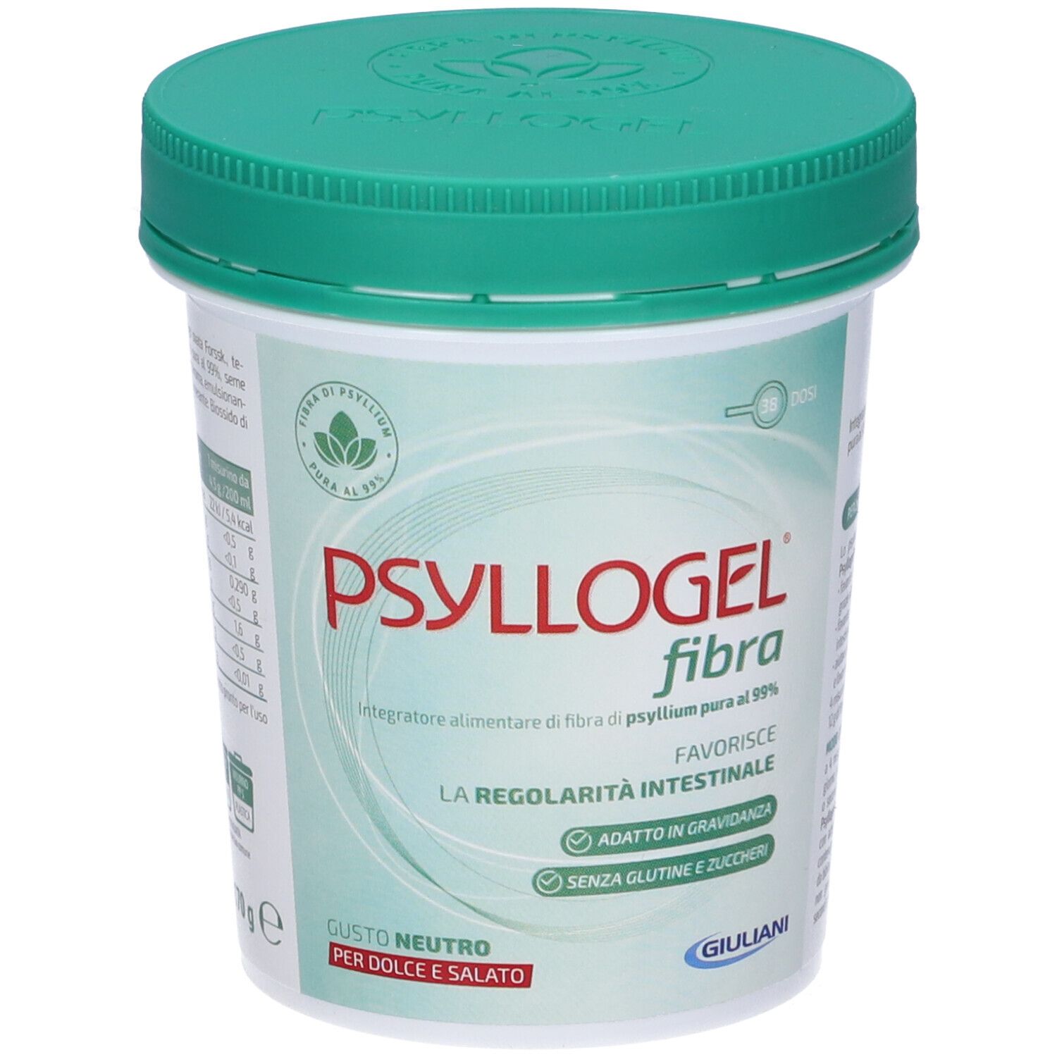 Contenitore con coperchio verde. Scritta: Psyllogel Fibra. Testo: Favorisce la regolarità intestinale. Senza glutine e zuccheri.