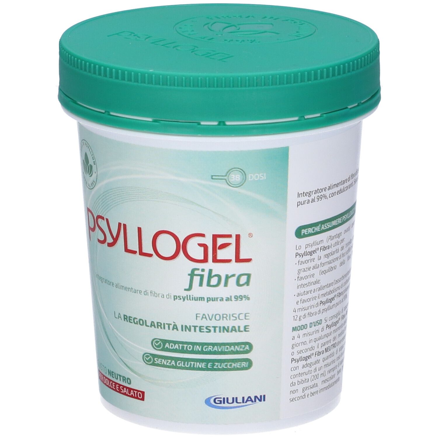 Contenitore con coperchio verde. Scritta: Psyllogel Fibra. Testo: Favorisce la regolarità intestinale. Senza glutine e zuccheri.