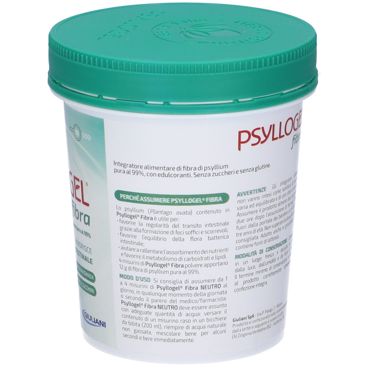 Contenitore con coperchio verde. Testo: Psyllogel Fibra. Informazioni sull'uso e ingredienti.