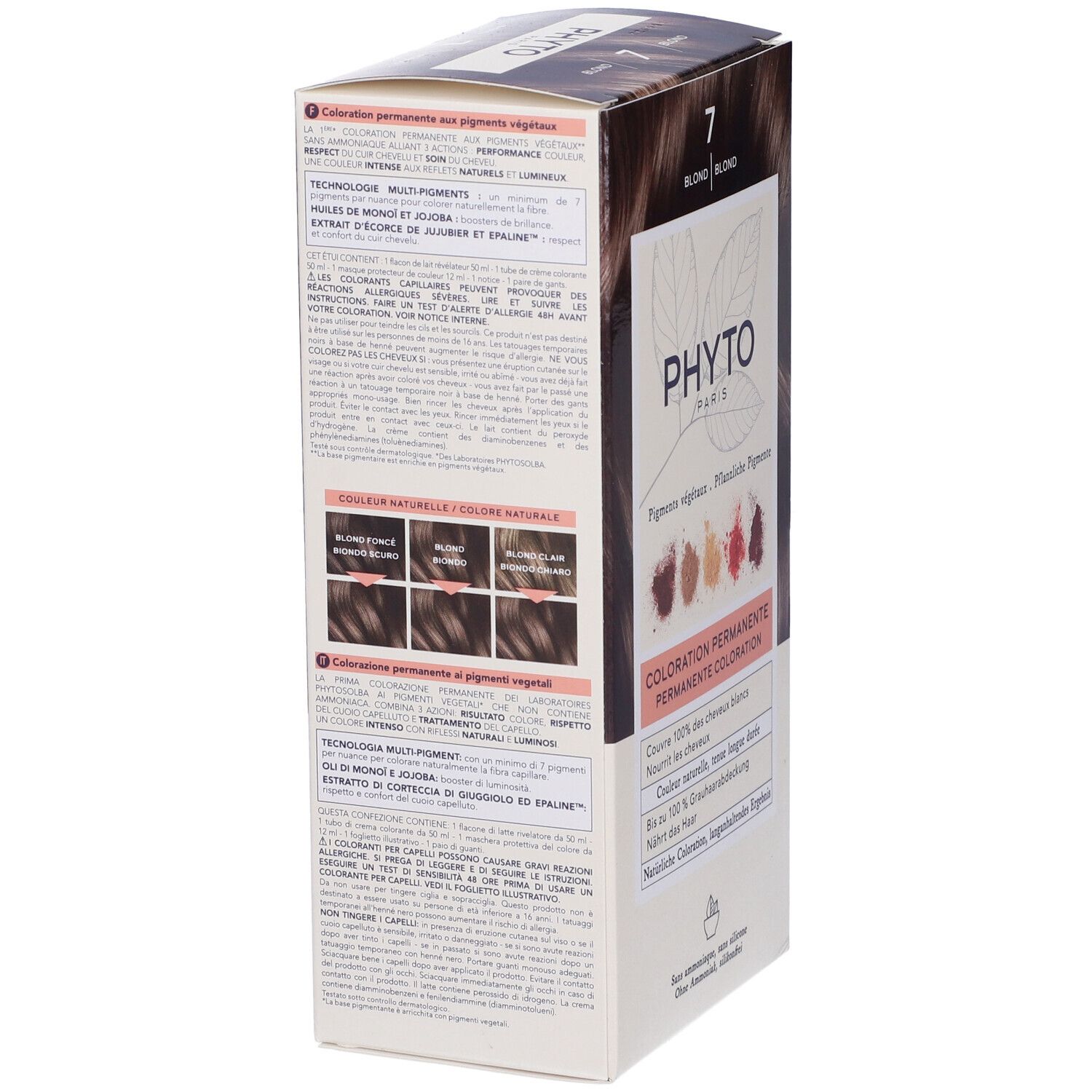 Verpackung PHYTO PARIS, Farbton 7 Blond. Rückseite mit Produktinformationen und Farbbeispielen. Permanente Coloration.