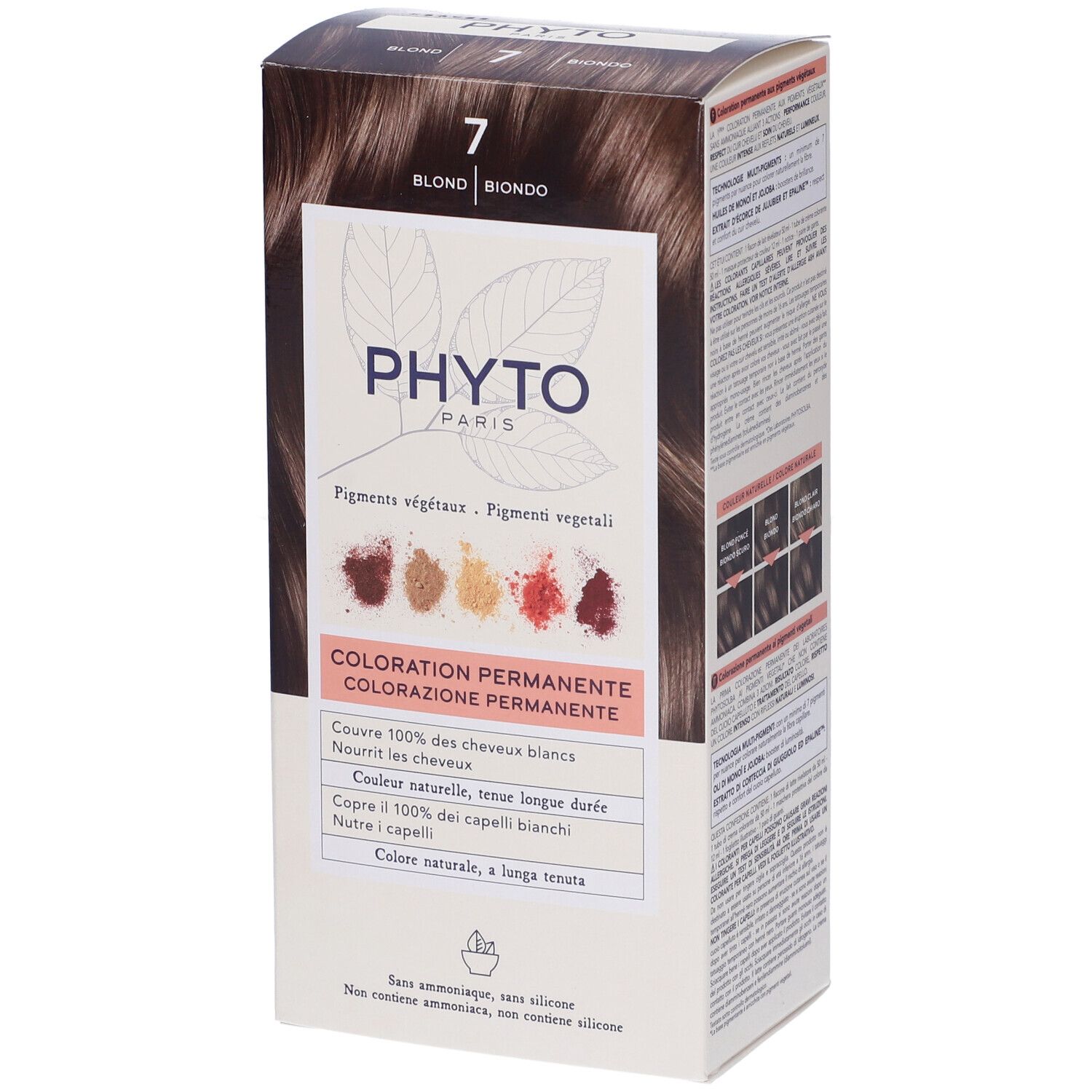Verpackung PHYTO PARIS, Farbton 7 Blond. Enthält pflanzliche Pigmente. Permanente Coloration. Deckt graue Haare ab.