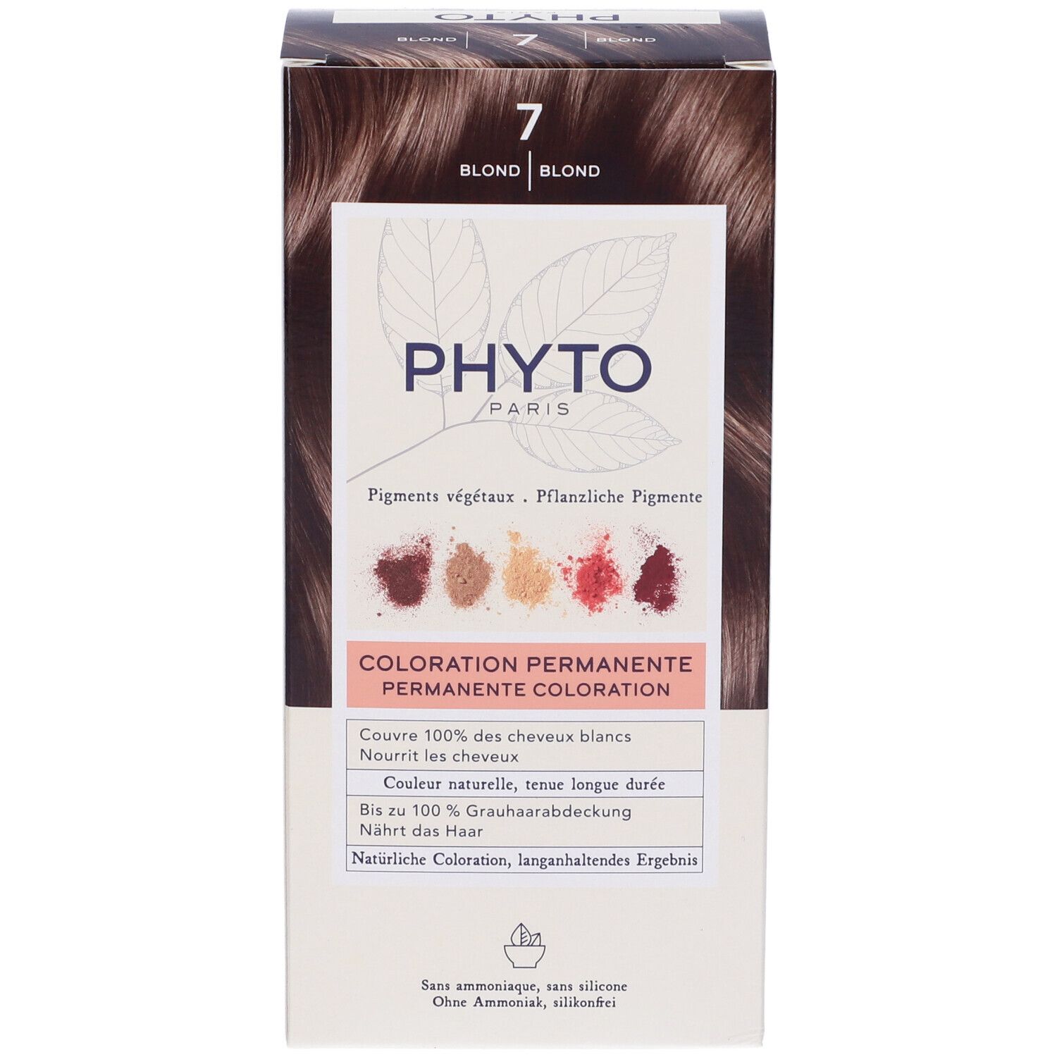 Verpackung PHYTO PARIS, Farbton 7 Blond. Enthält pflanzliche Pigmente. Permanente Coloration. Deckt graue Haare ab.