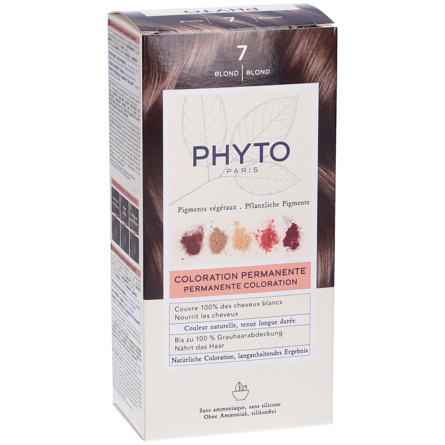 Verpackung PHYTO PARIS, Farbton 7 Blond. Enthält pflanzliche Pigmente. Permanente Coloration. Deckt graue Haare ab.