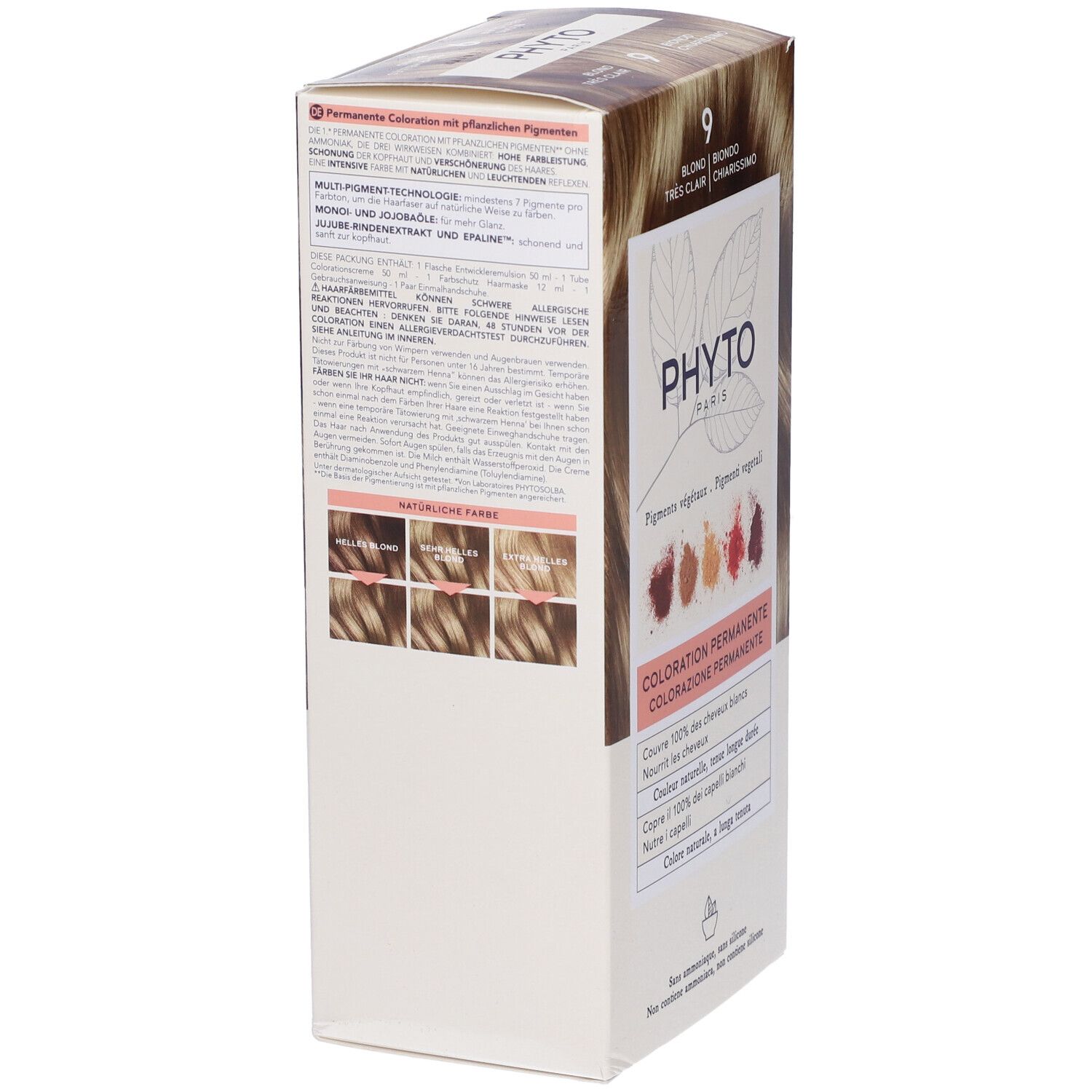 Verpackung PHYTO PARIS, Farbton 9 Blond. Enthält pflanzliche Pigmente. Permanente Coloration. Rückseite mit Text.