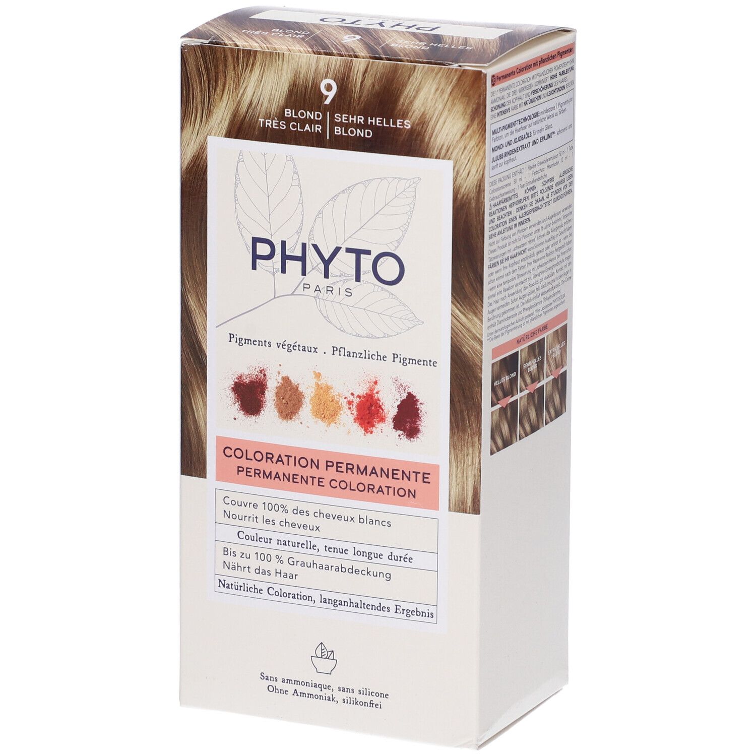Verpackung PHYTO PARIS, Farbton 9, Sehr Helles Blond. Enthält pflanzliche Pigmente. Permanente Coloration.