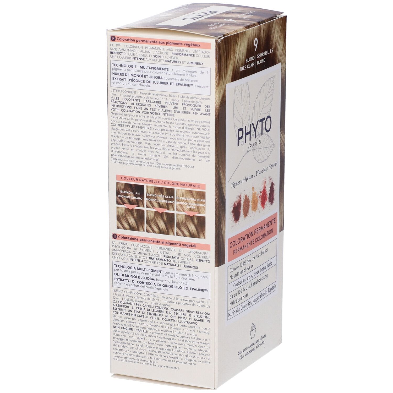 Verpackung PHYTO PARIS, Farbton 9, Sehr Helles Blond. Enthält pflanzliche Pigmente. Permanente Coloration. Rückseite.