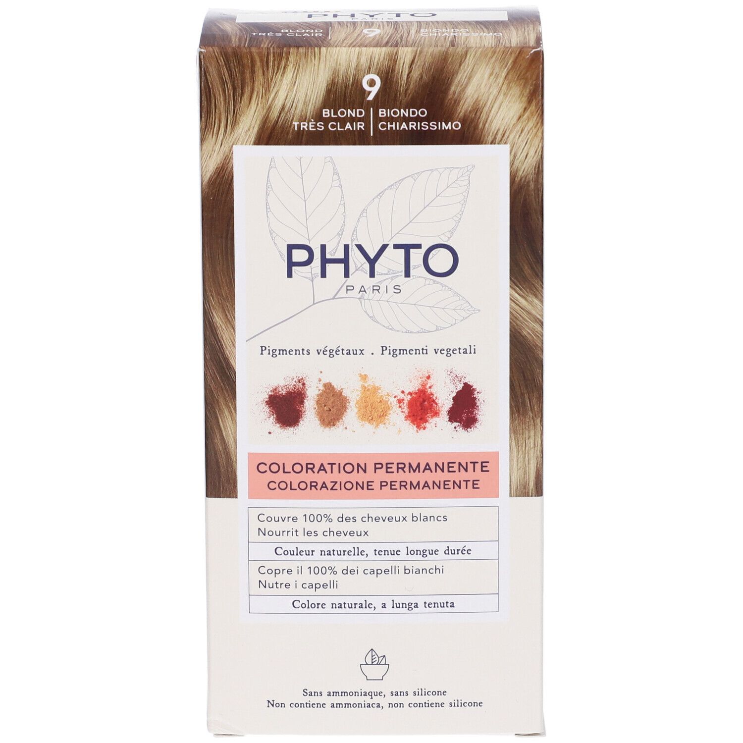 Verpackung PHYTO PARIS, Farbton 9, Biondo Chiarissimo. Enthält pflanzliche Pigmente. Permanente Coloration.