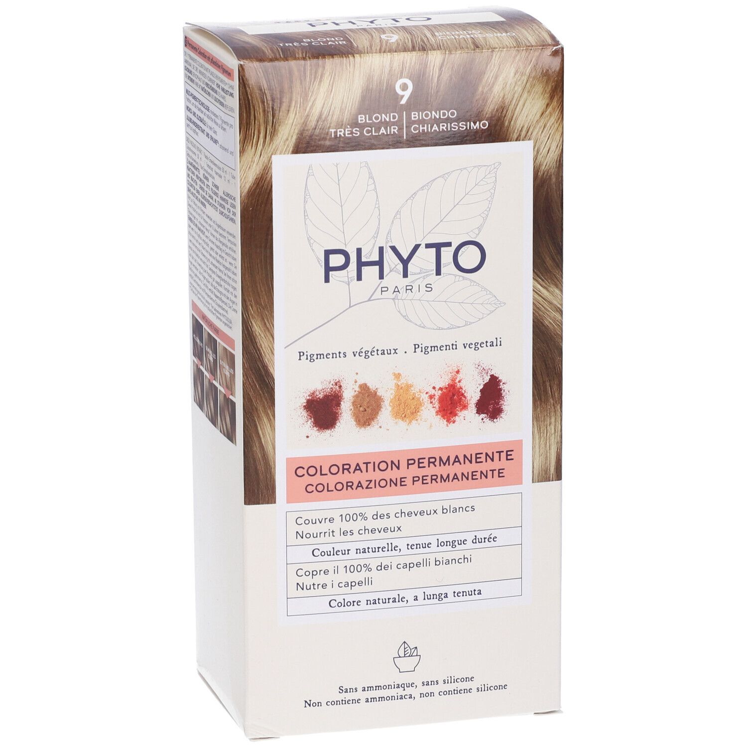Verpackung PHYTO PARIS, Farbton 9, Biondo Chiarissimo. Enthält pflanzliche Pigmente. Permanente Coloration.