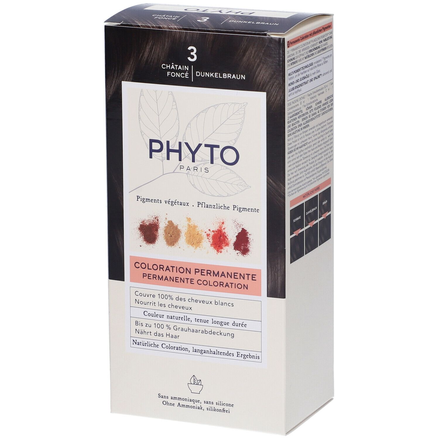 PHYTO Color Kit 3 Verpackung. Aufschrift: Châtain foncé, Dunkelbraun. Enthält pflanzliche Pigmente. Permanente Coloration.