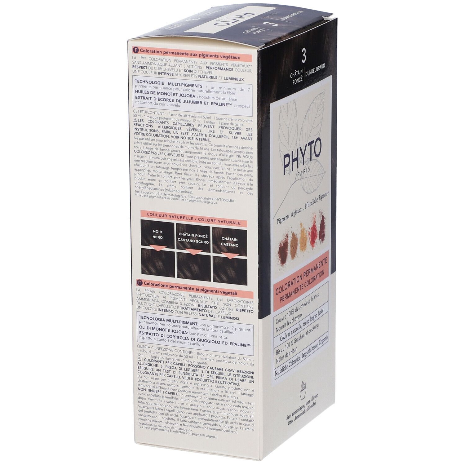 Rückseite der PHYTO Color Kit 3 Verpackung. Text in Deutsch, Französisch, Italienisch und Niederländisch. Permanente Coloration mit pflanzlichen Pigmenten.