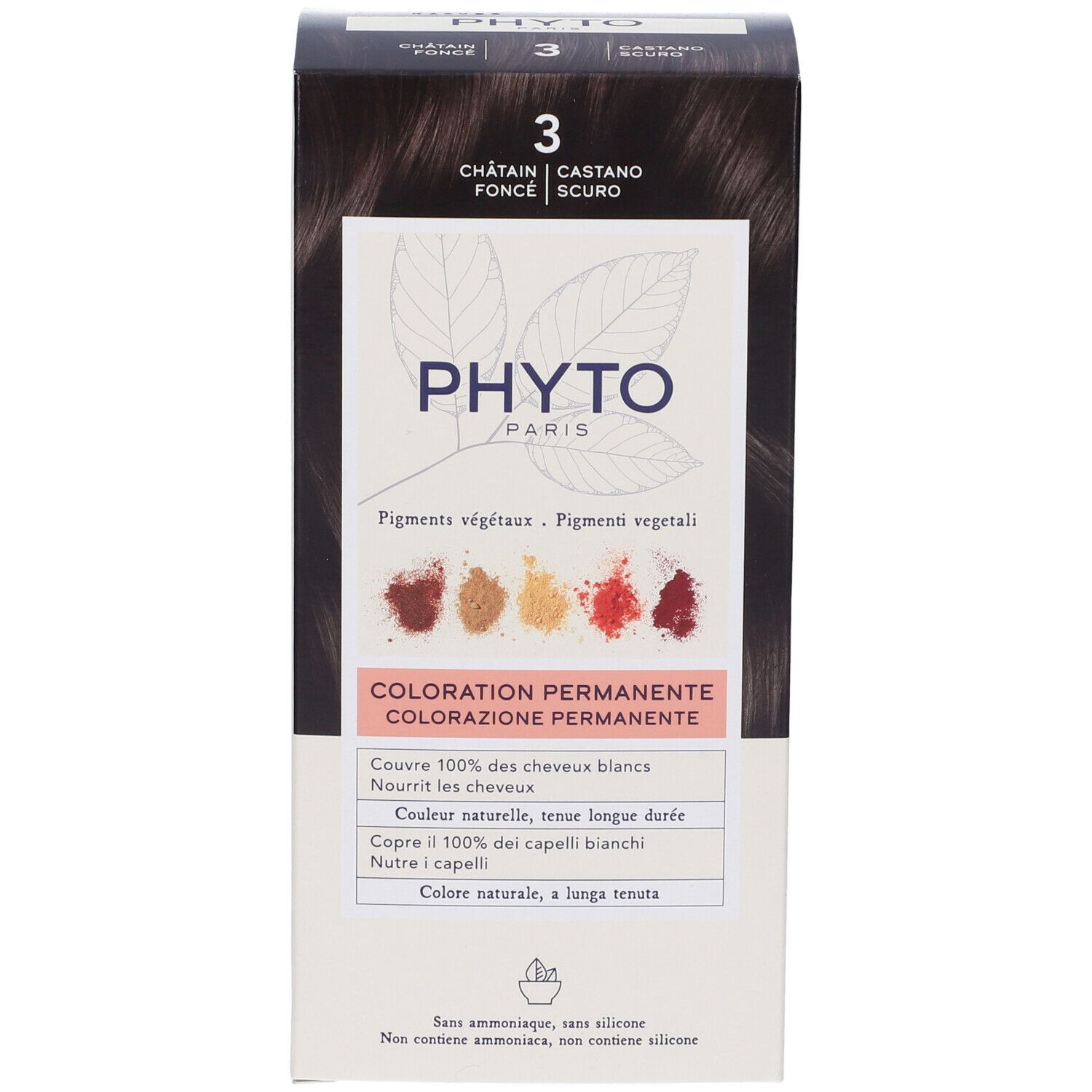 PHYTO Color Kit 3 Verpackung. Aufschrift: Châtain foncé, Castano scuro. Enthält pflanzliche Pigmente. Permanente Coloration.