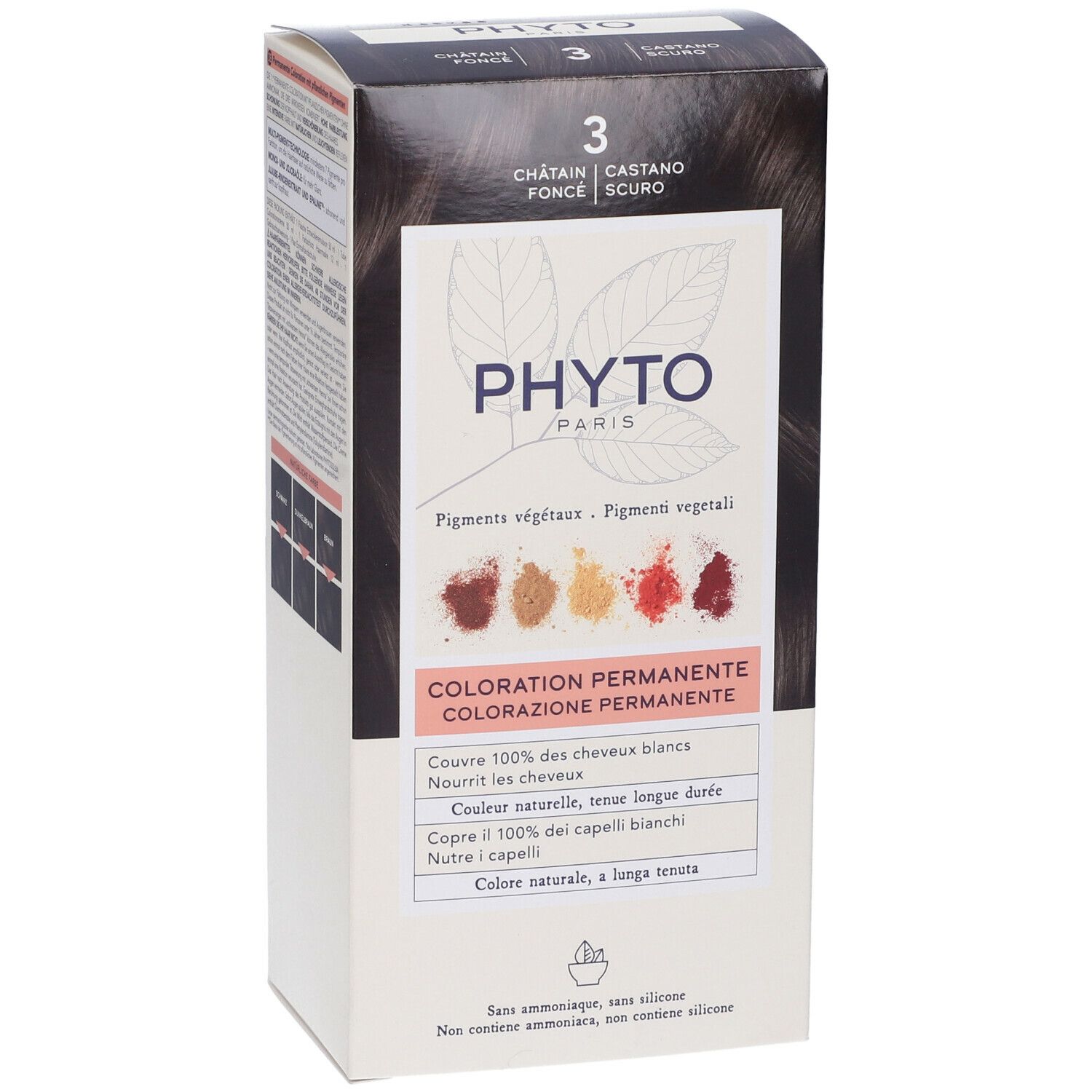 PHYTO Color Kit 3 Verpackung. Aufschrift: Châtain foncé, Castano scuro. Enthält pflanzliche Pigmente. Permanente Coloration.