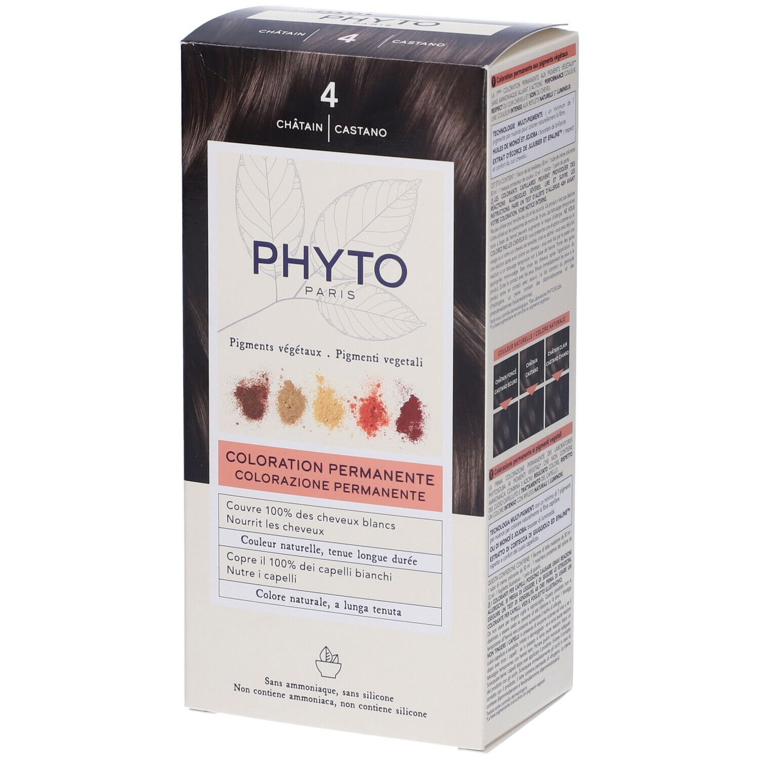 Confezione di PHYTO Color Kit 4 Castano. Fronte con nome del prodotto, illustrazione del colore e informazioni.