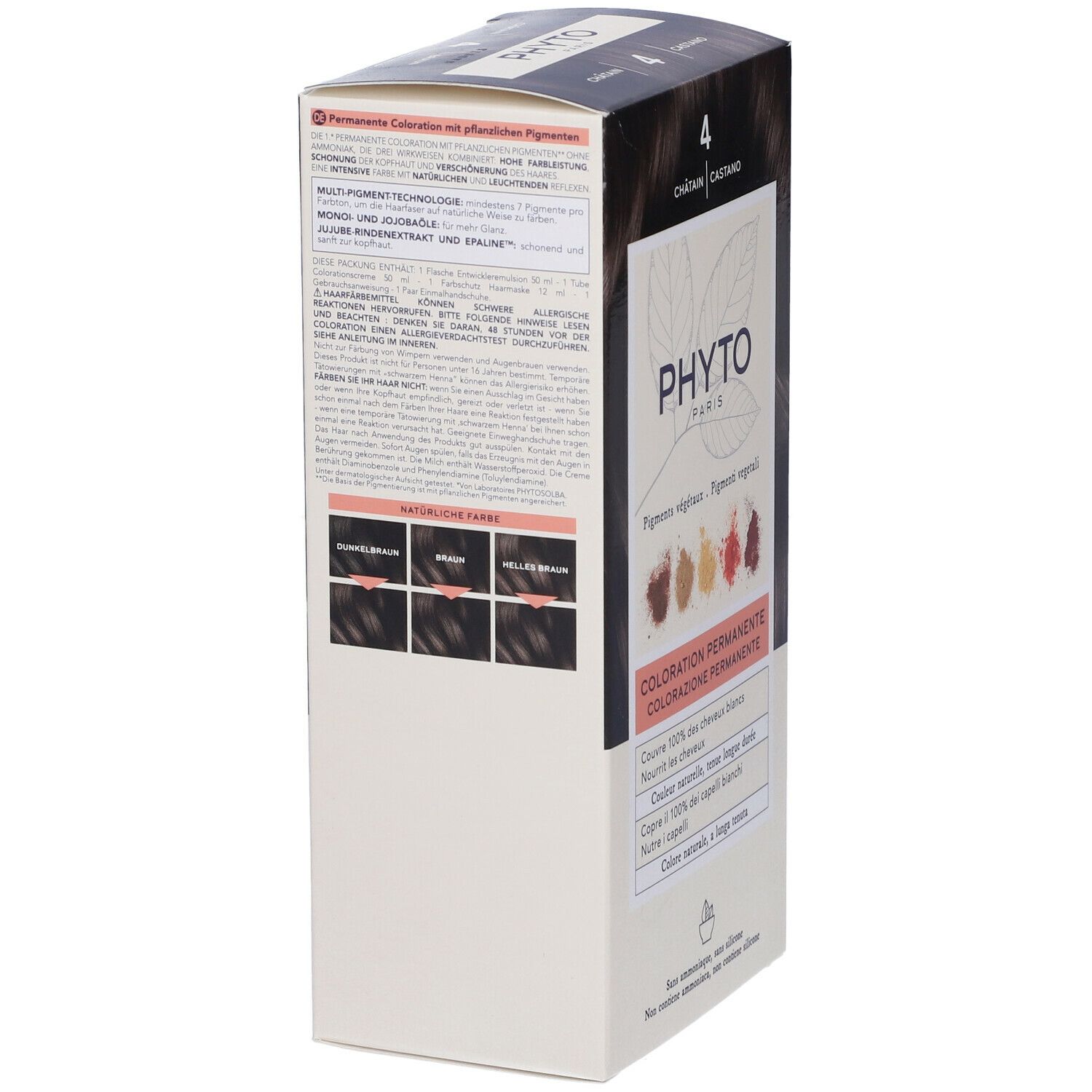 Retro della confezione di PHYTO Color Kit 4 Castano. Informazioni testuali ed esempi di colore.