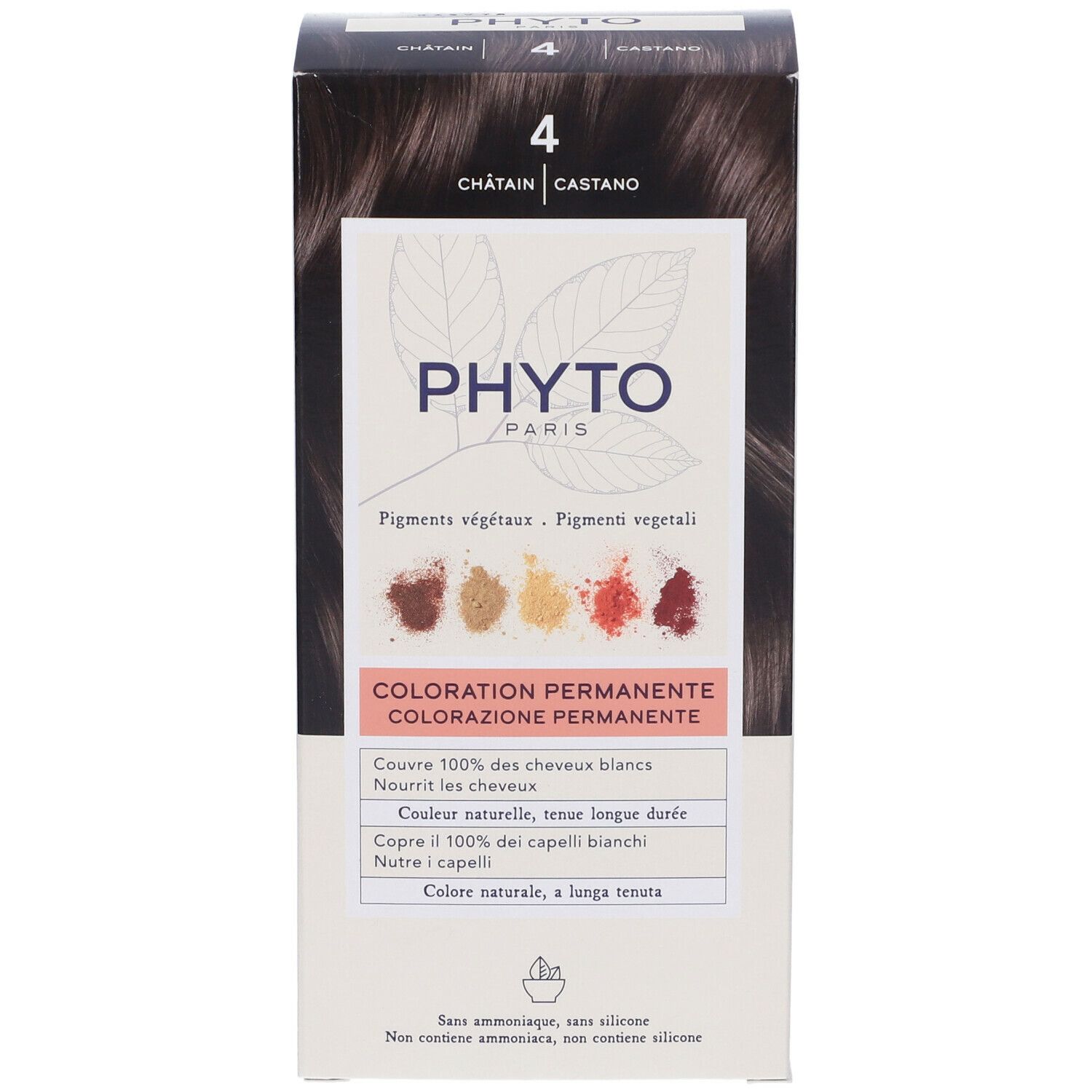 Confezione di PHYTO Color Kit 4 Castano. Vista frontale con nome del prodotto e denominazione del colore.