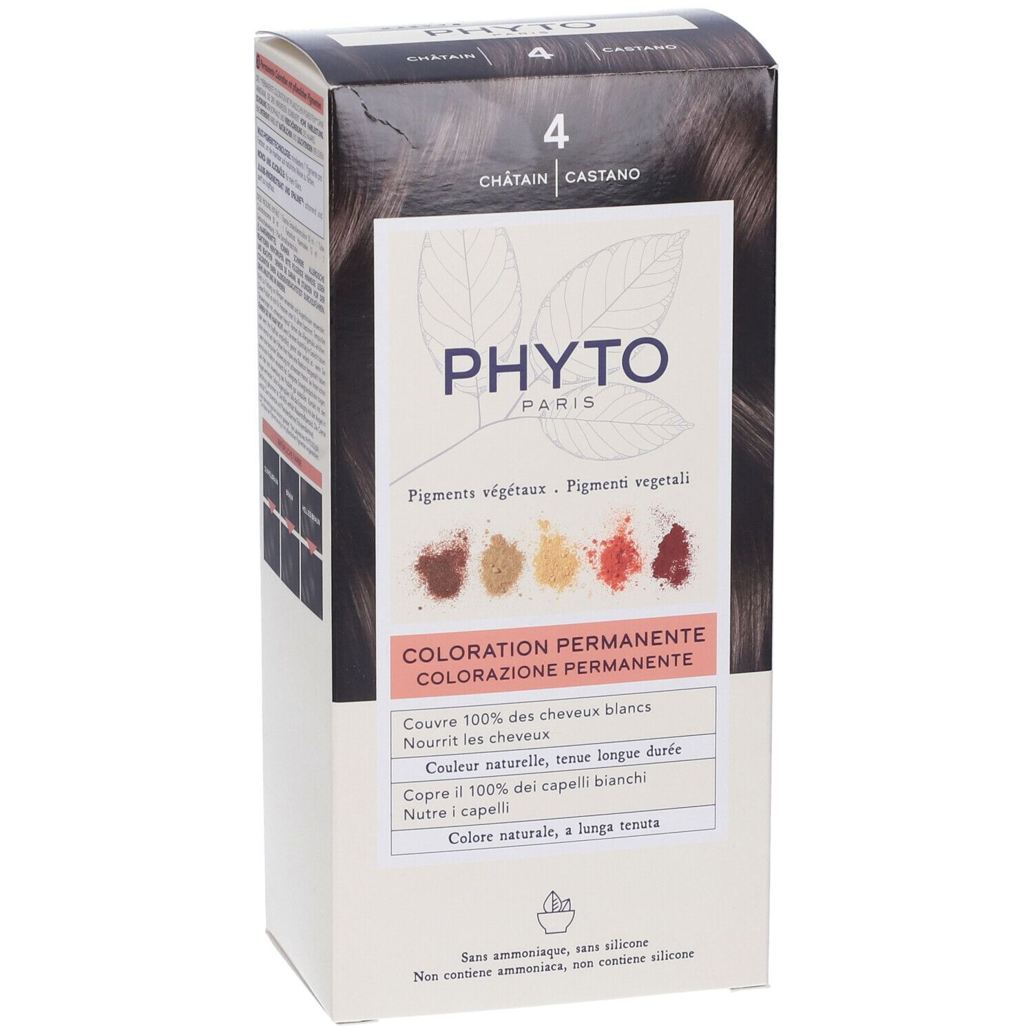 Confezione di PHYTO Color Kit 4 Castano. Vista frontale con nome del prodotto e denominazione del colore.