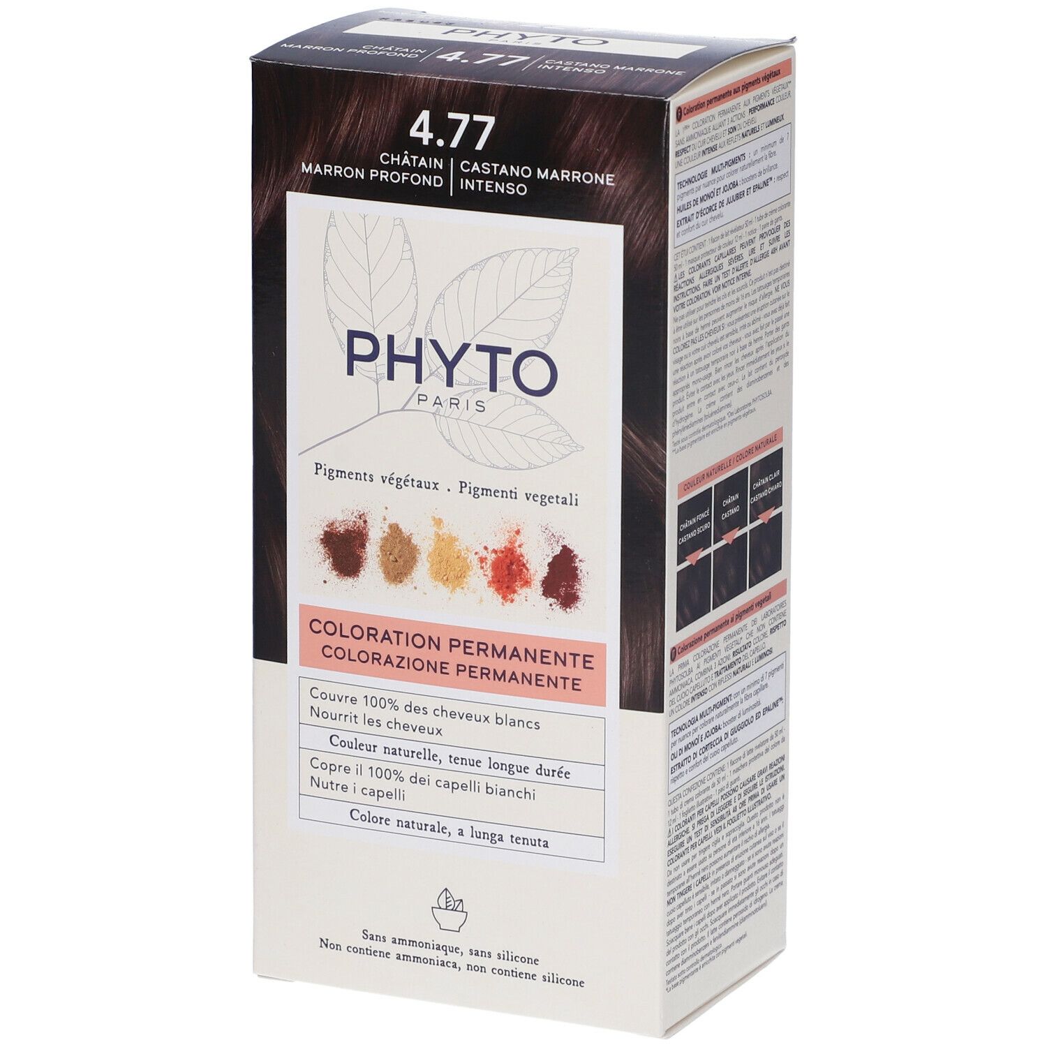Phyto Paris 4.77 Haarfarbenbox in Braun. Zeigt Pigmente und Farbergebnisse.