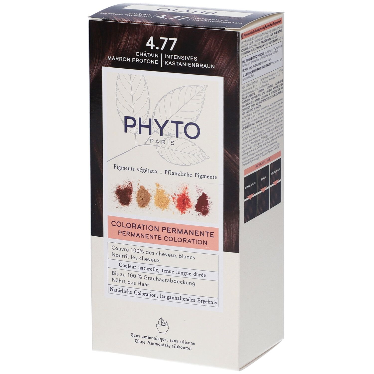 Phyto Haarfarben-Verpackung, Farbton 4.77 Kastanienbraun, mit pflanzlichen Pigmenten.