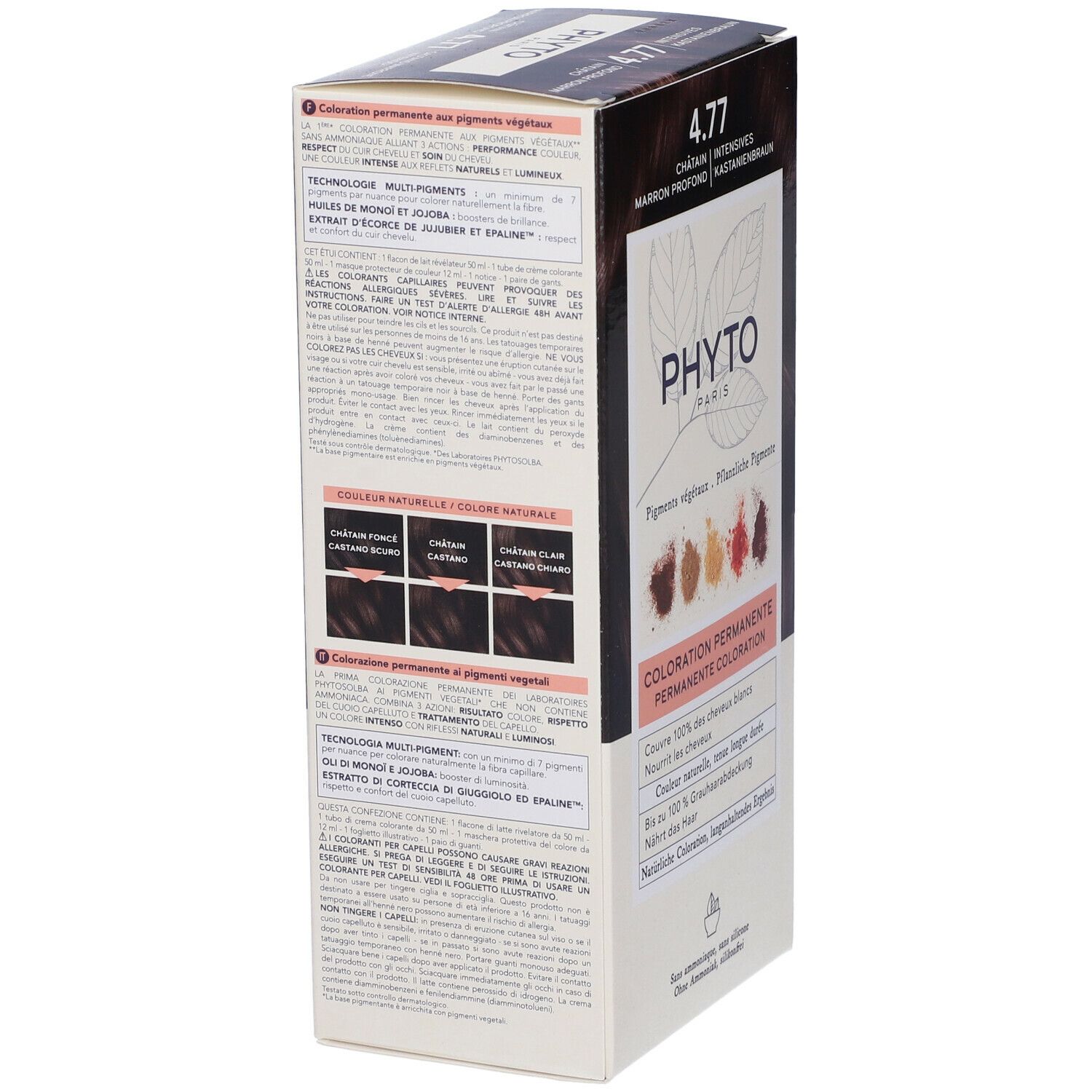 Phyto Haarfarben-Verpackung mit Farbton 4.77, intensivem Braun.