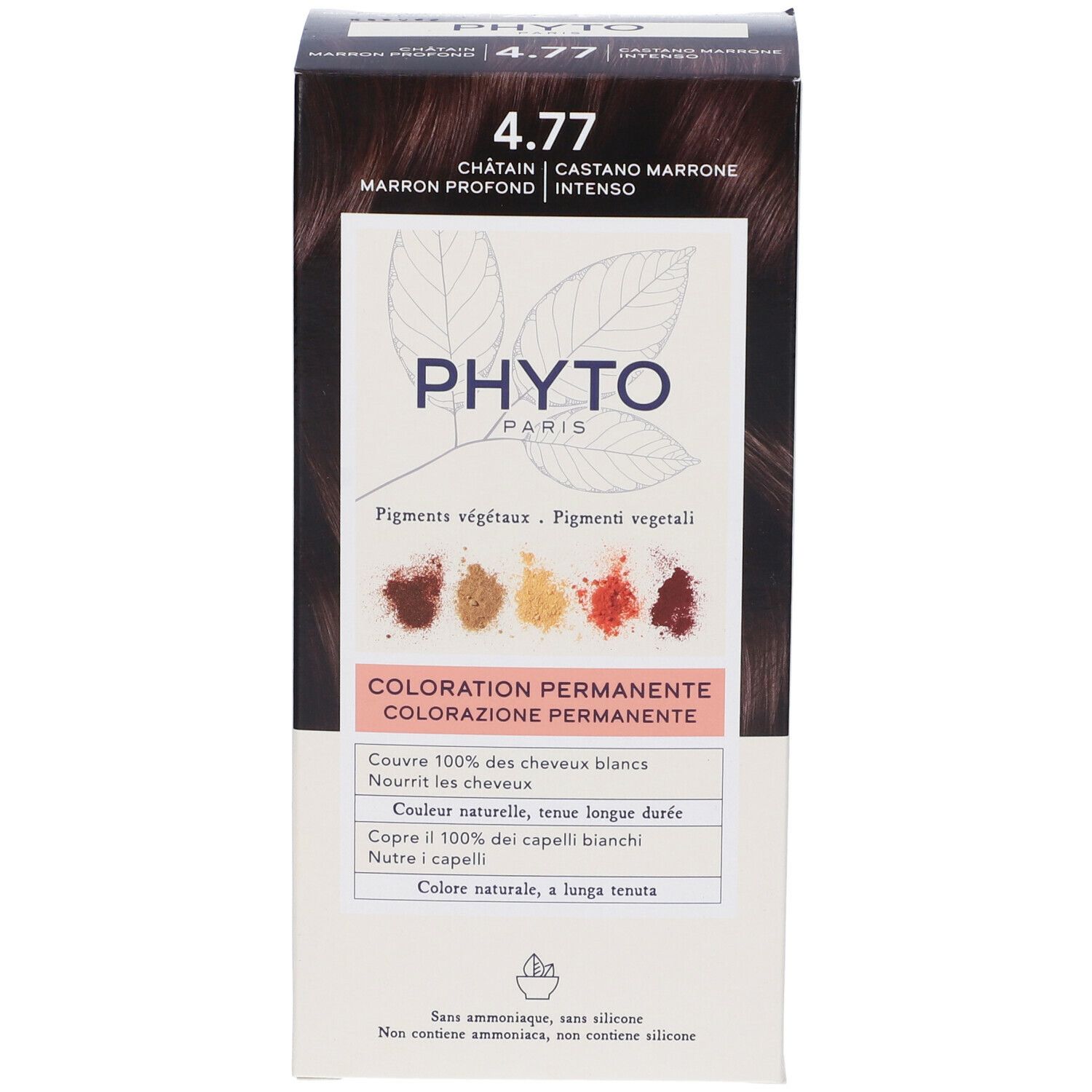 Phyto Paris Haarfarbe 4.77, Châtaigne Marron Profond. Packung zeigt Farbpigmente und Text.