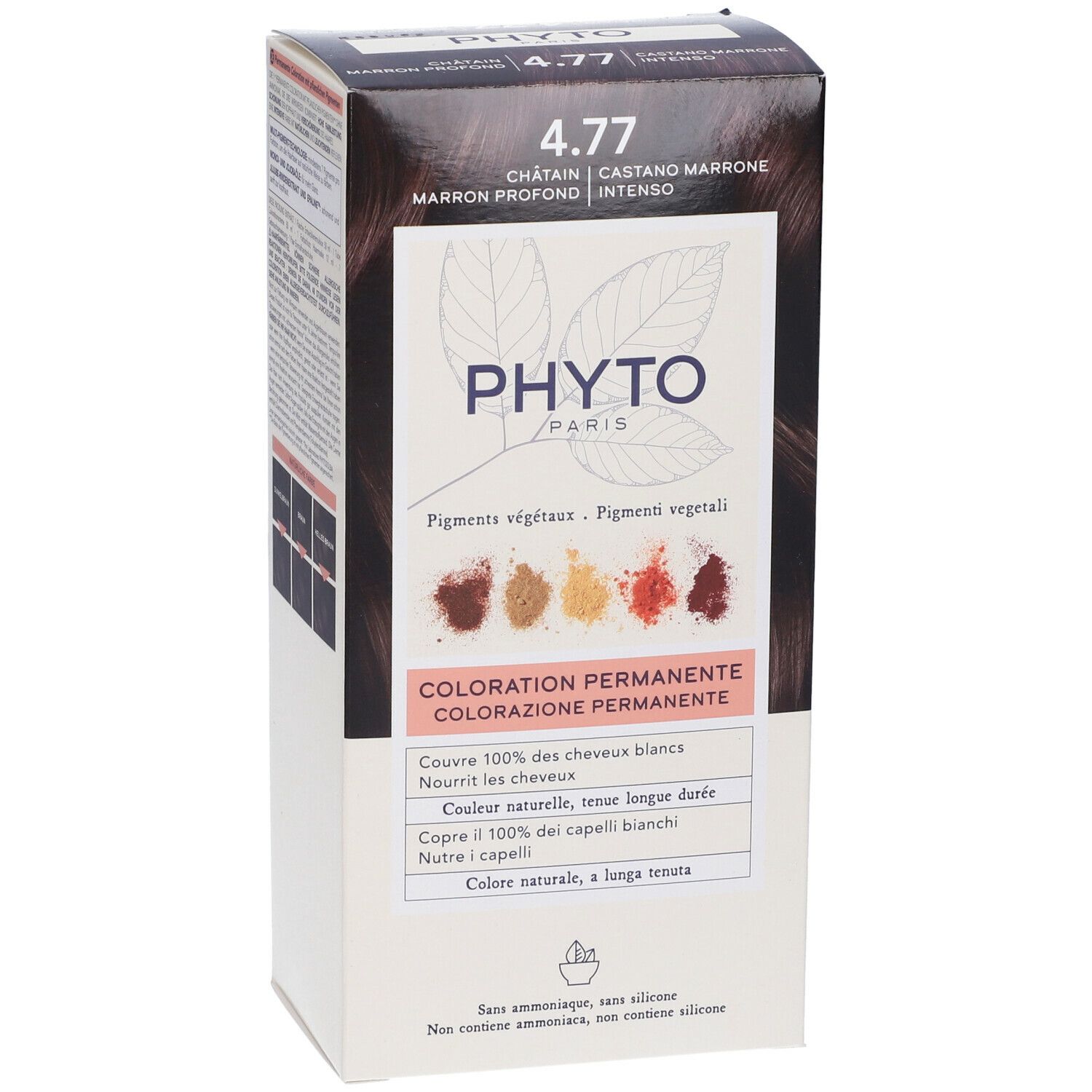 Phyto Paris 4.77 Châtain Haarfarbenbox mit Pigmentproben und Produktinformationen.