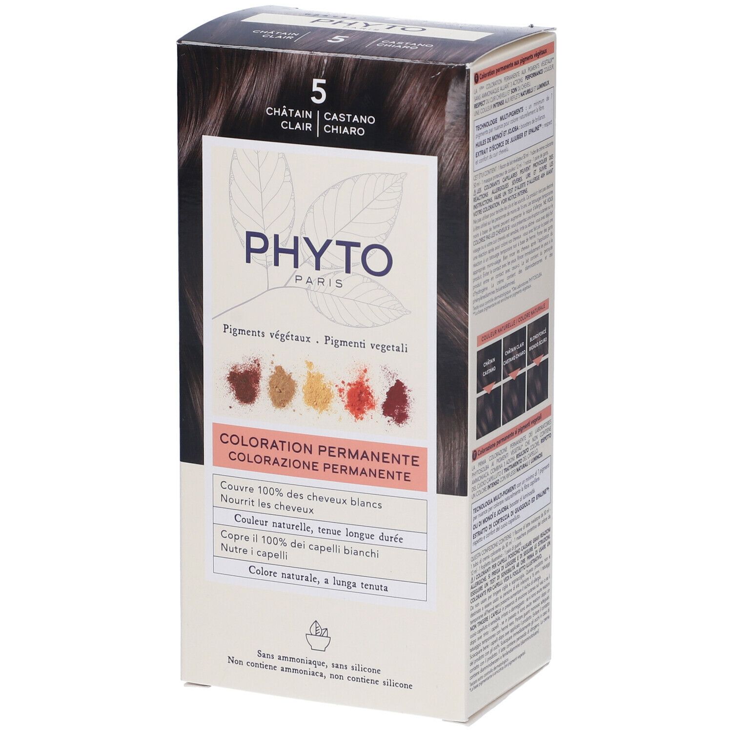 Kit PHYTO Color. Scatola con '5 Castano Chiaro'. Pigmenti vegetali. Colorazione permanente.