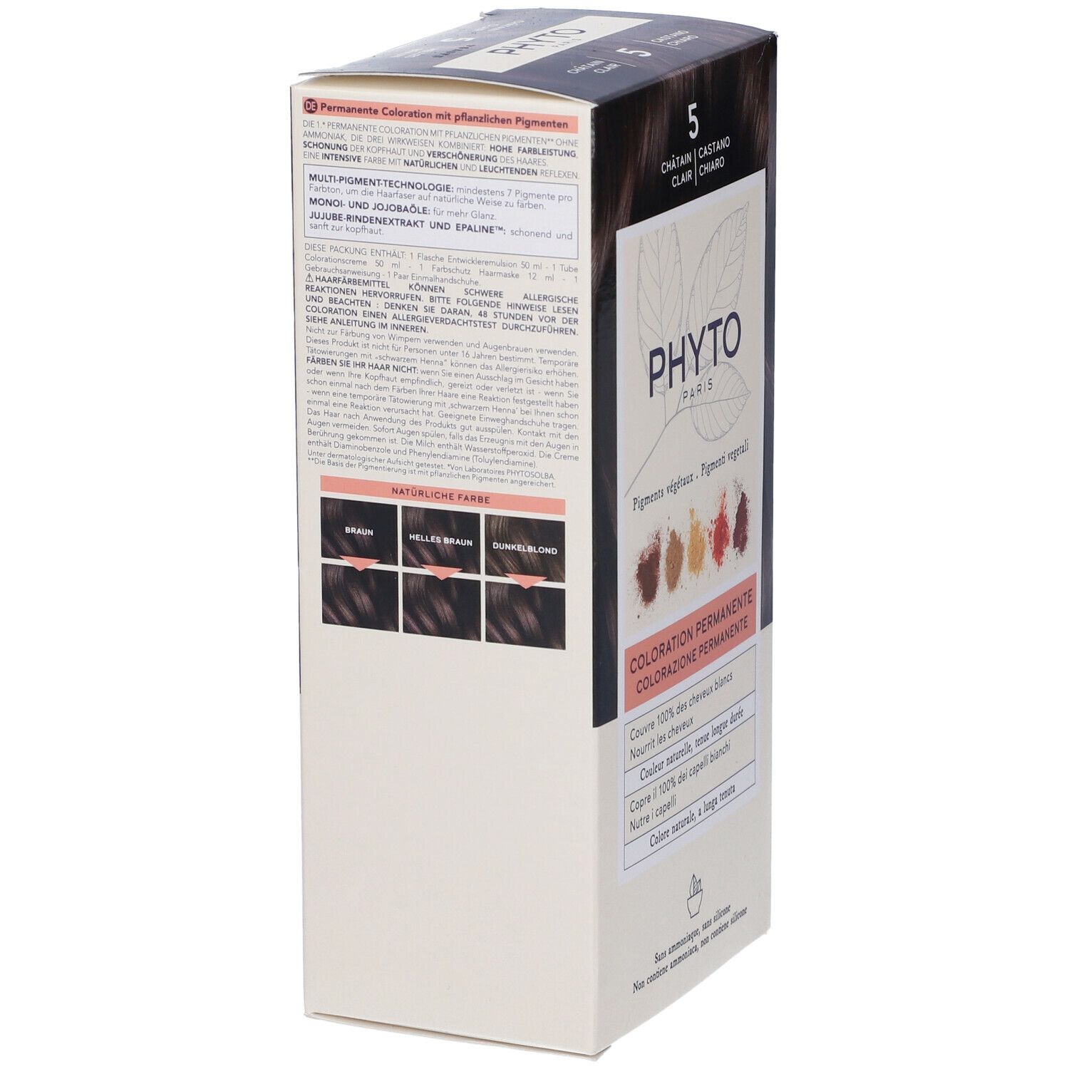 Kit PHYTO Color. Vista laterale della scatola con testo ed esempi di colore. Colorazione permanente con pigmenti vegetali.