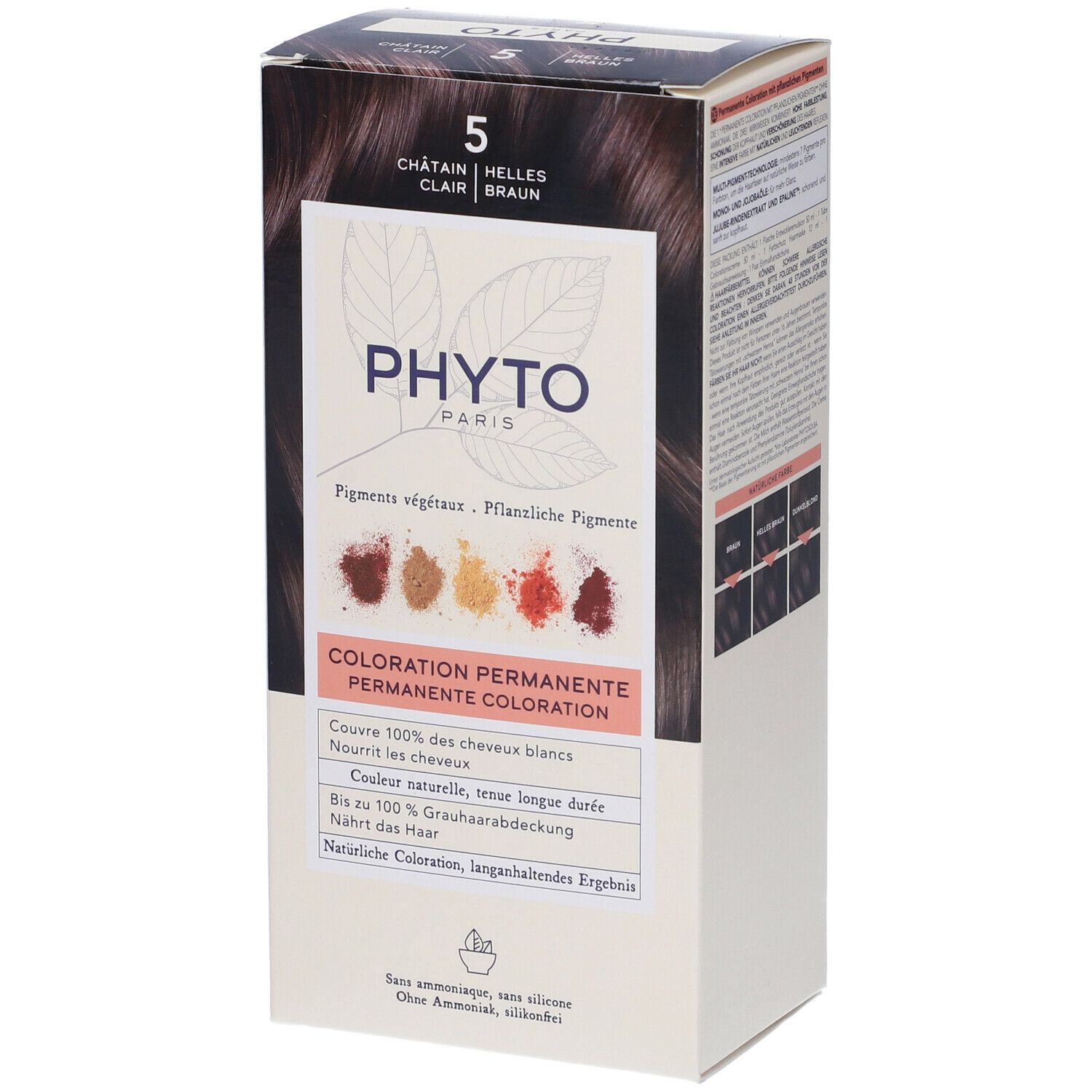 Kit PHYTO Color. Scatola con '5 Castano Chiaro'. Pigmenti vegetali. Colorazione permanente.