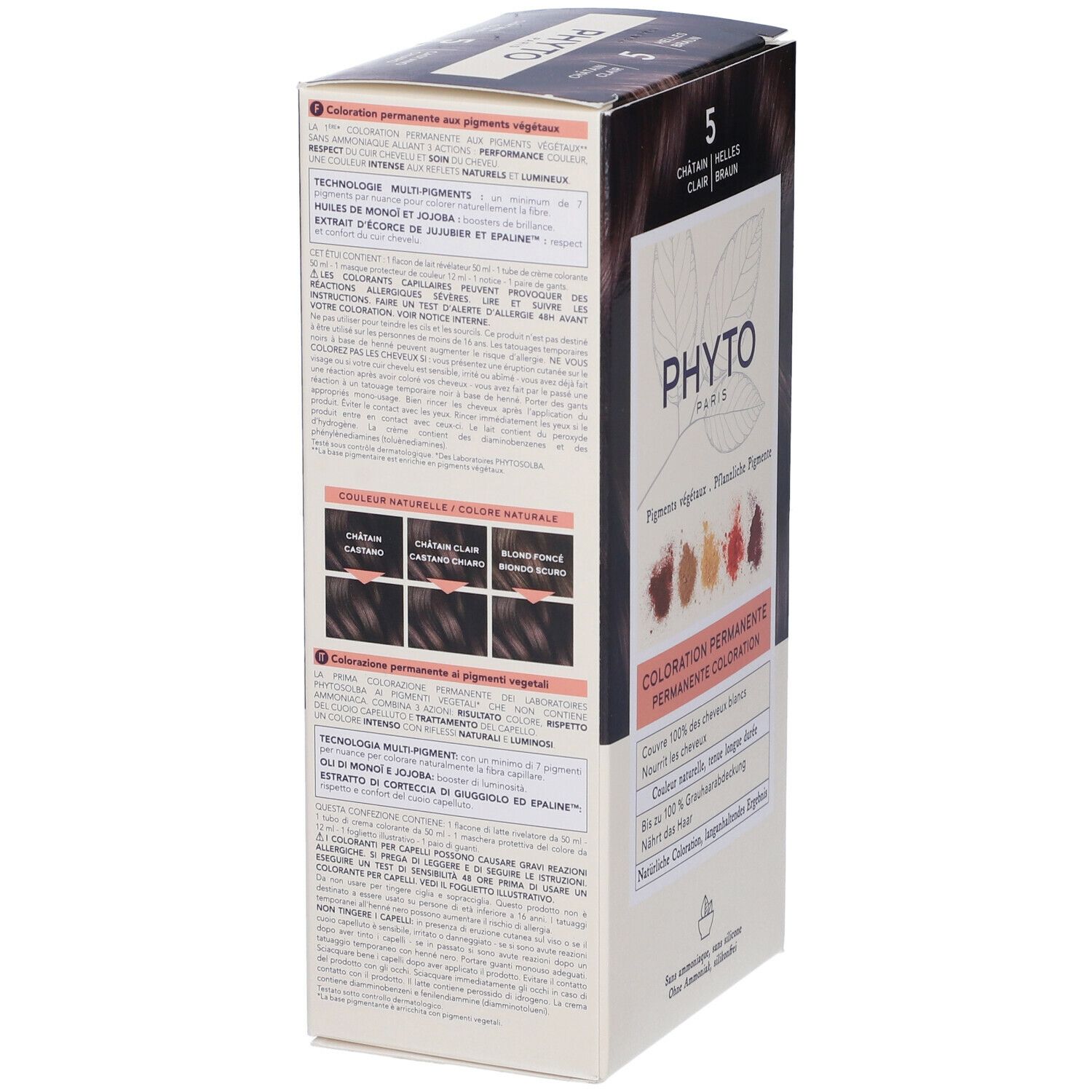 Kit PHYTO Color. Vista laterale della scatola con testo ed esempi di colore. Colorazione permanente con pigmenti vegetali.