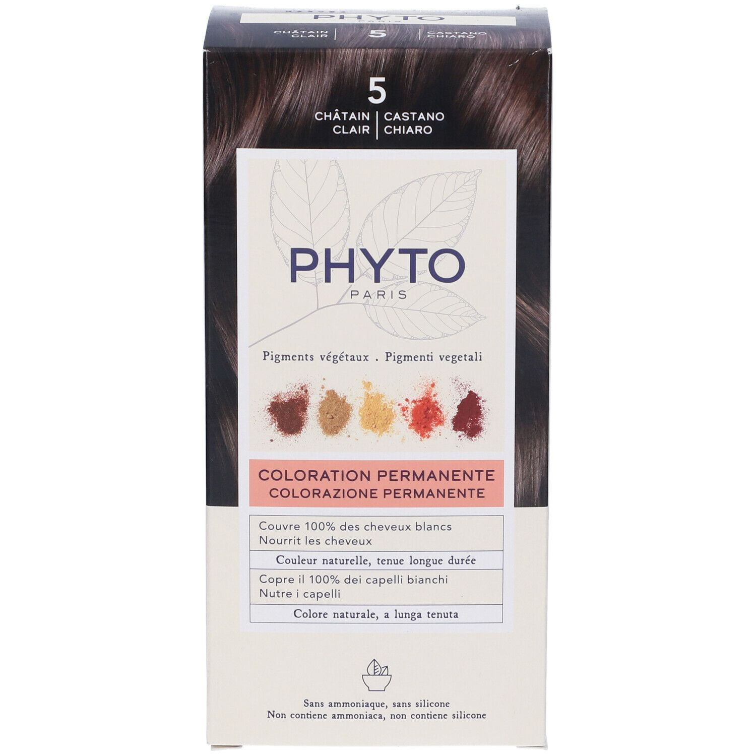 Kit PHYTO Color. Scatola con '5 Castano Chiaro'. Pigmenti vegetali. Colorazione permanente.