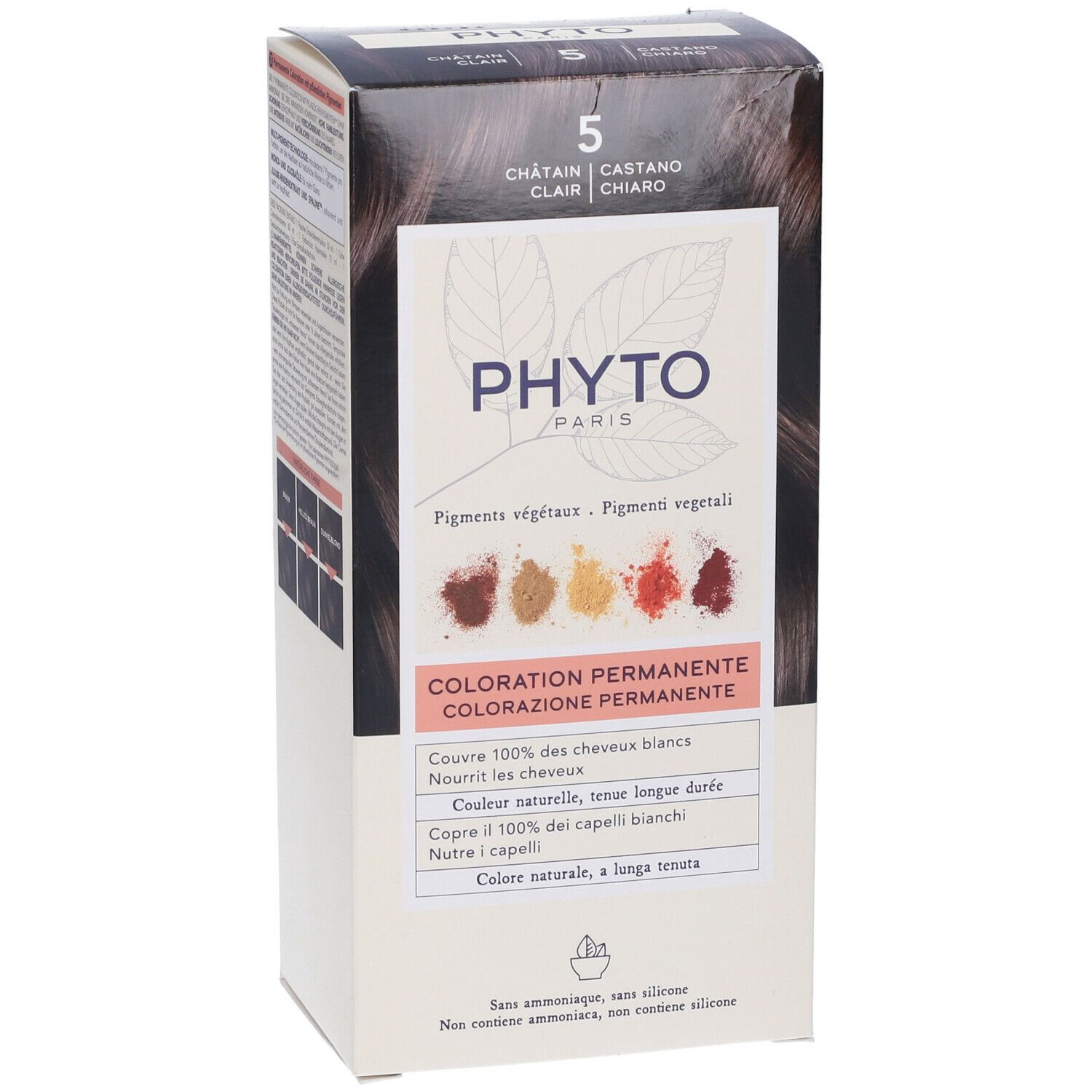 Kit PHYTO Color. Scatola con '5 Castano Chiaro'. Pigmenti vegetali. Colorazione permanente.