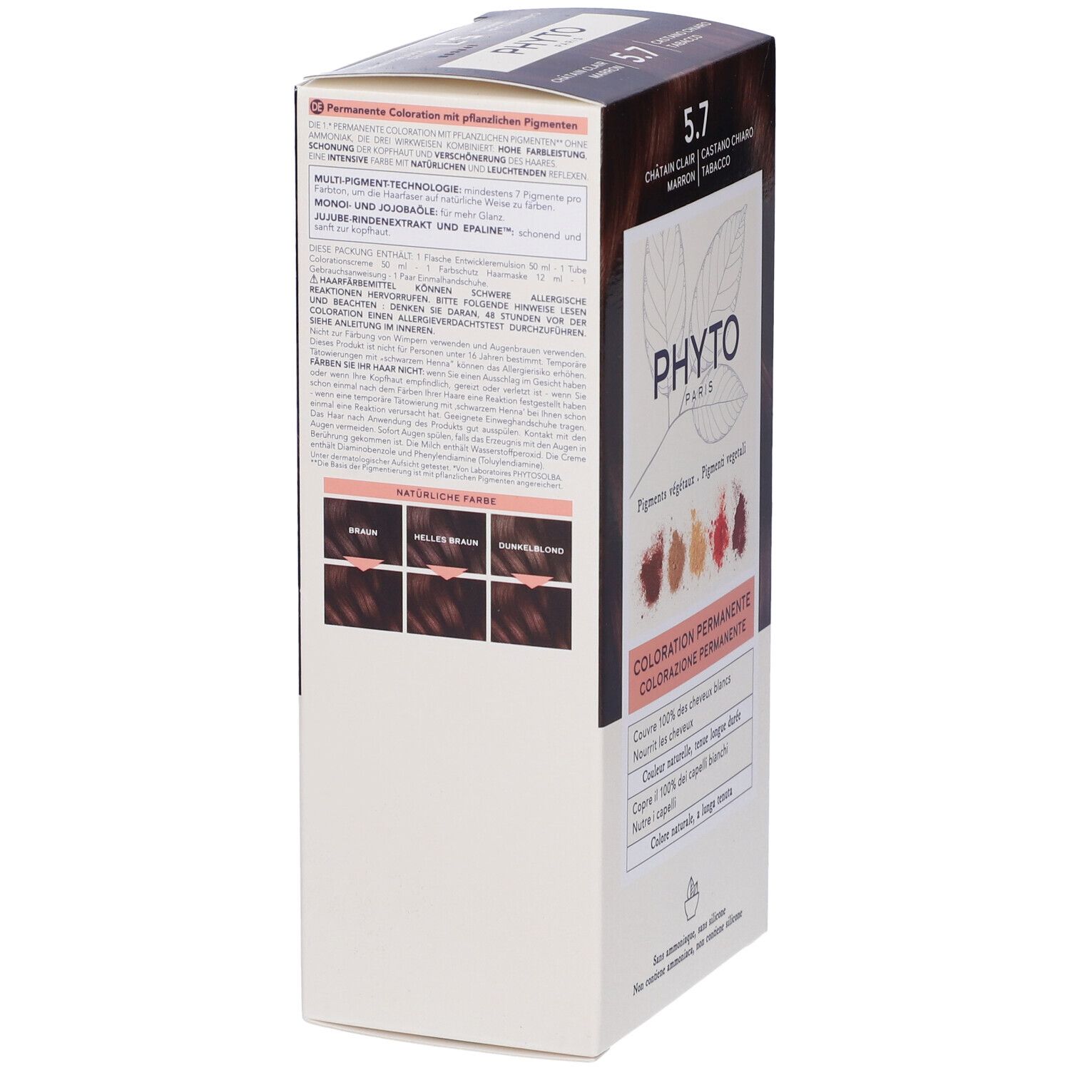 Rückseite der Verpackung von PHYTO Color Kit 5,7. Text in mehreren Sprachen. Enthält permanente Coloration mit Pflanzenpigmenten.