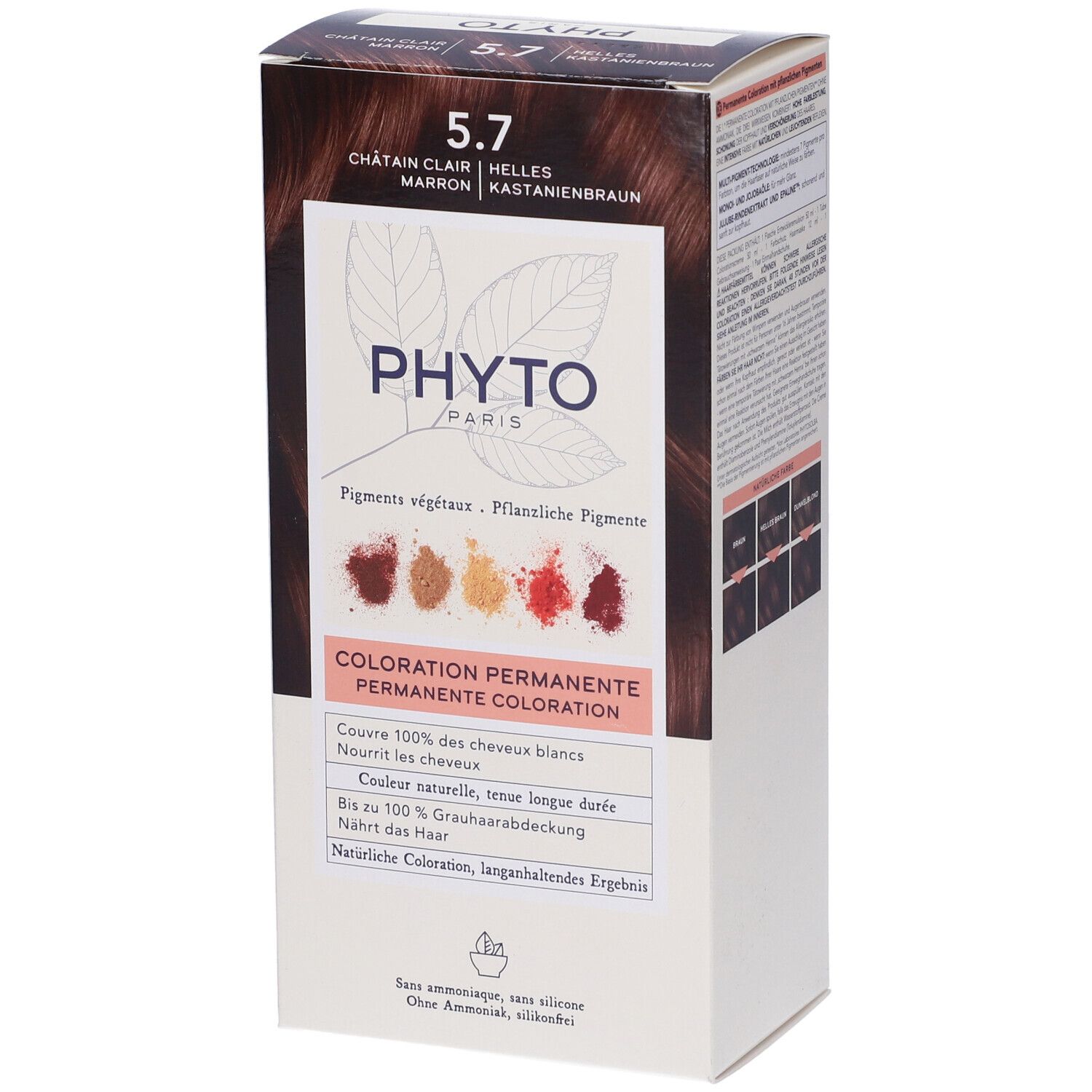 Verpackung von PHYTO Color Kit 5,7. Aufschrift: Châtain Clair, Marron, Kastanienbraun. Enthält permanente Coloration. Mit Pflanzenpigmenten.