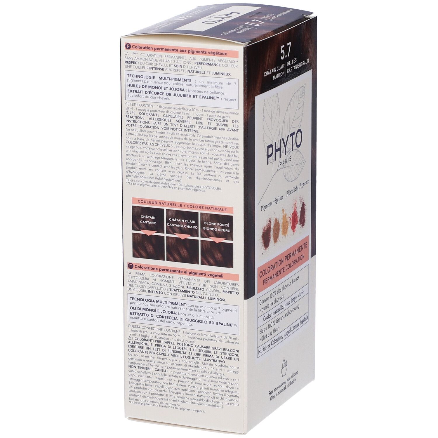 Rückseite der Verpackung von PHYTO Color Kit 5,7. Text in mehreren Sprachen. Enthält permanente Coloration mit Pflanzenpigmenten.