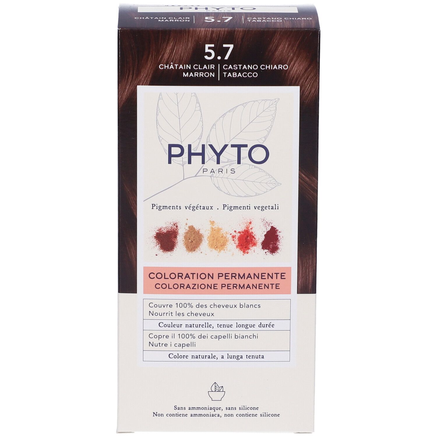 Verpackung von PHYTO Color Kit 5,7. Aufschrift: Châtain Clair, Marron, Tabacco. Enthält permanente Coloration. Mit Pflanzenpigmenten.