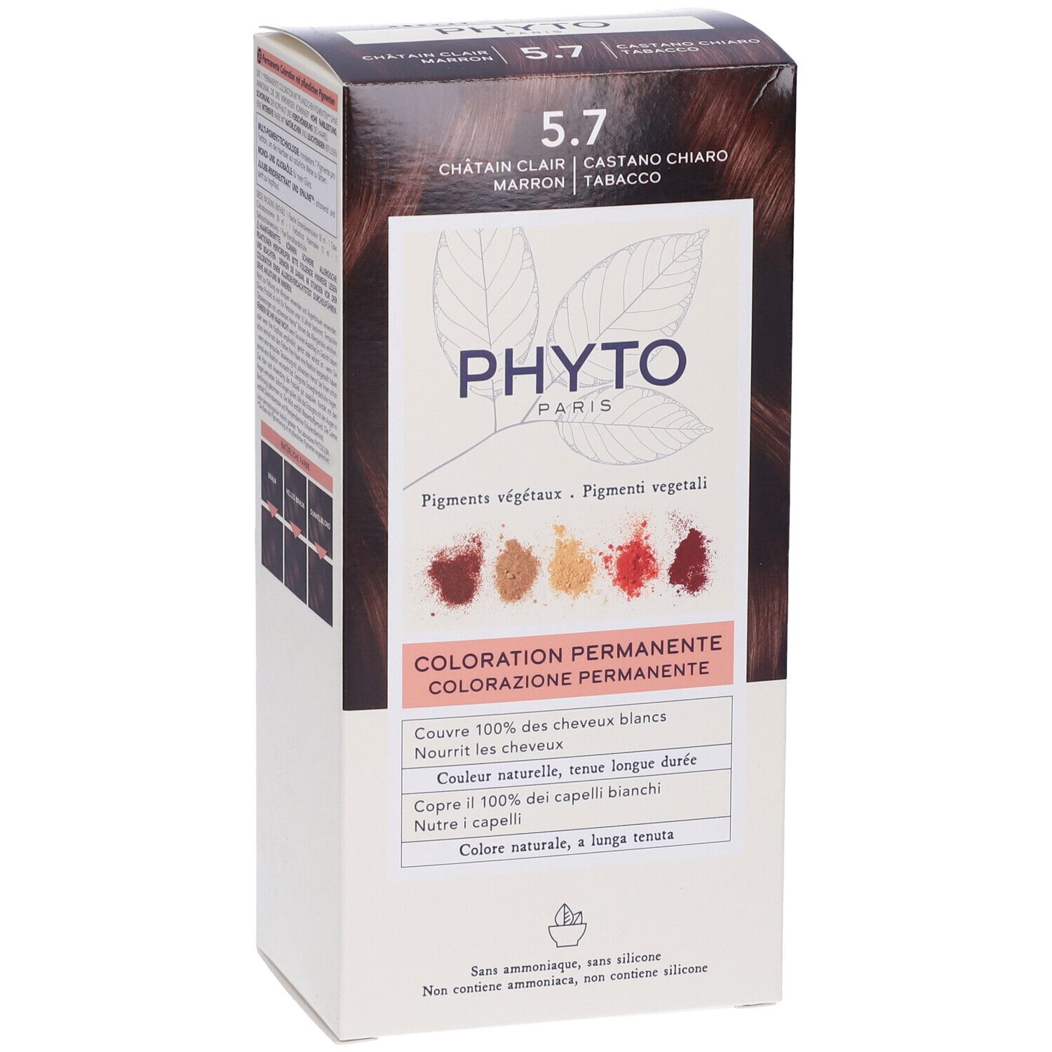 Verpackung von PHYTO Color Kit 5,7. Aufschrift: Châtain Clair, Marron, Tabacco. Enthält permanente Coloration. Mit Pflanzenpigmenten.