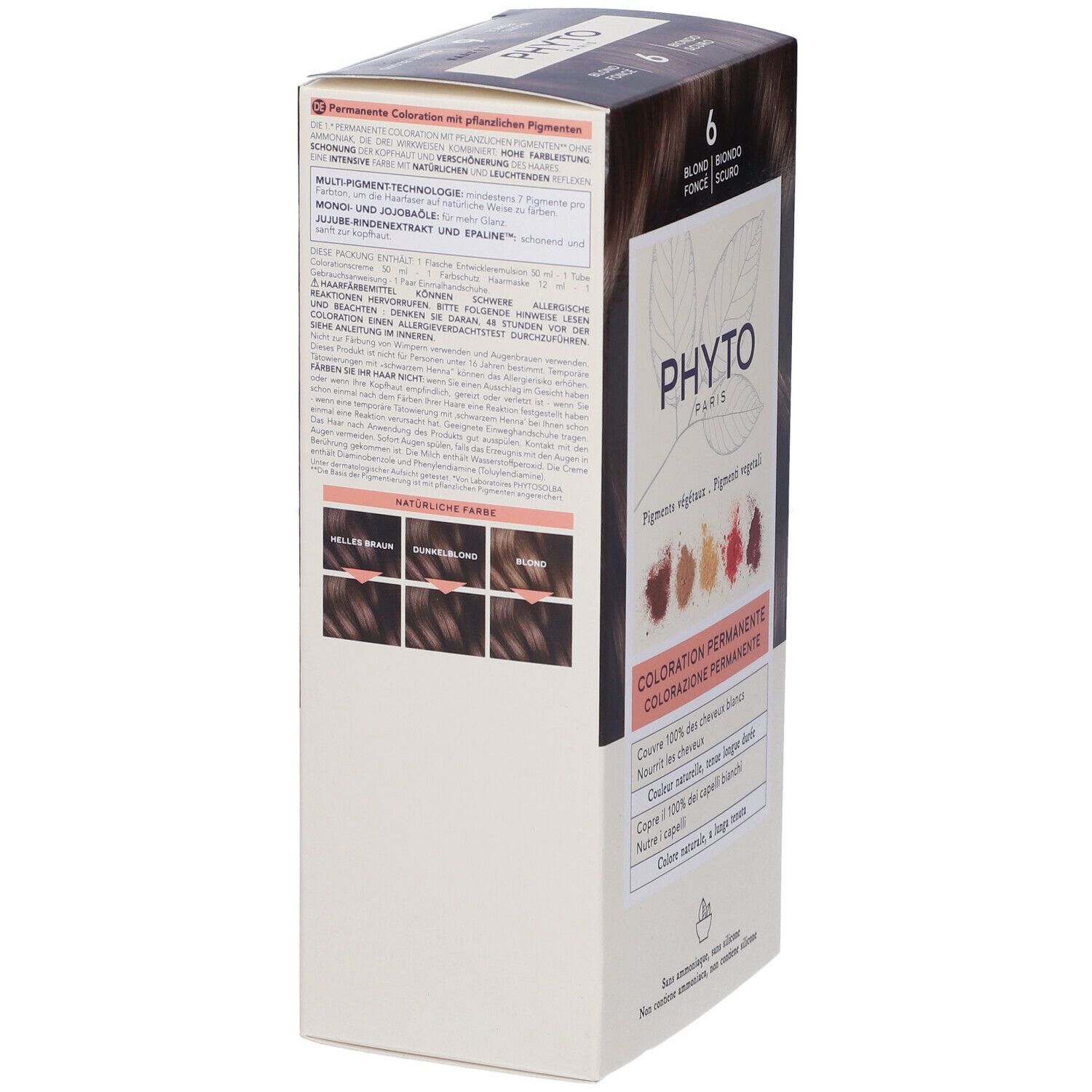 Verpackung PHYTO PARIS, Farbton 6, Blond Fonce. Enthält permanente Coloration. Rückseite mit Text und Farbmustern.