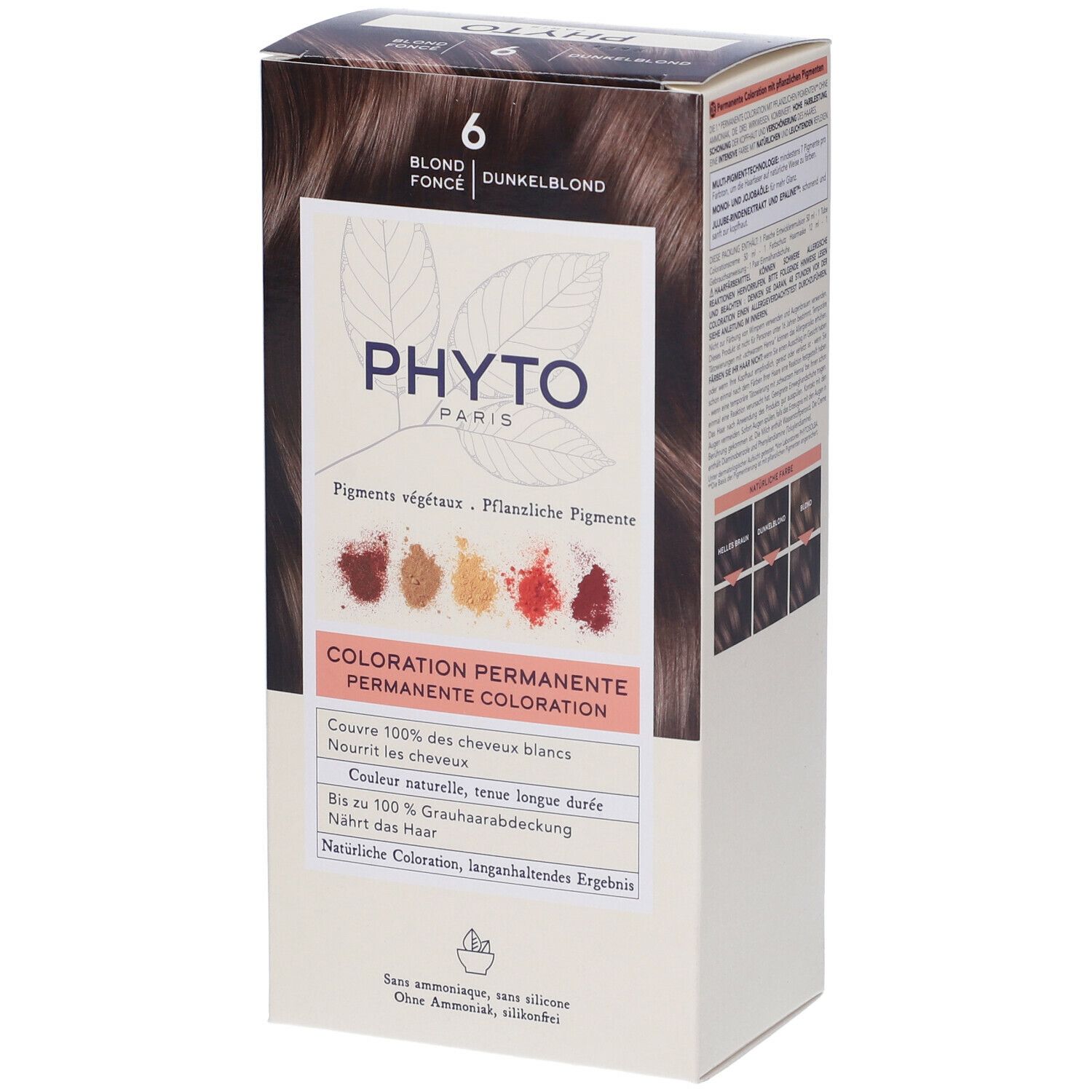 Verpackung PHYTO PARIS, Farbton 6, Dunkelblond. Enthält permanente Coloration. Zeigt Farbmuster und Text.