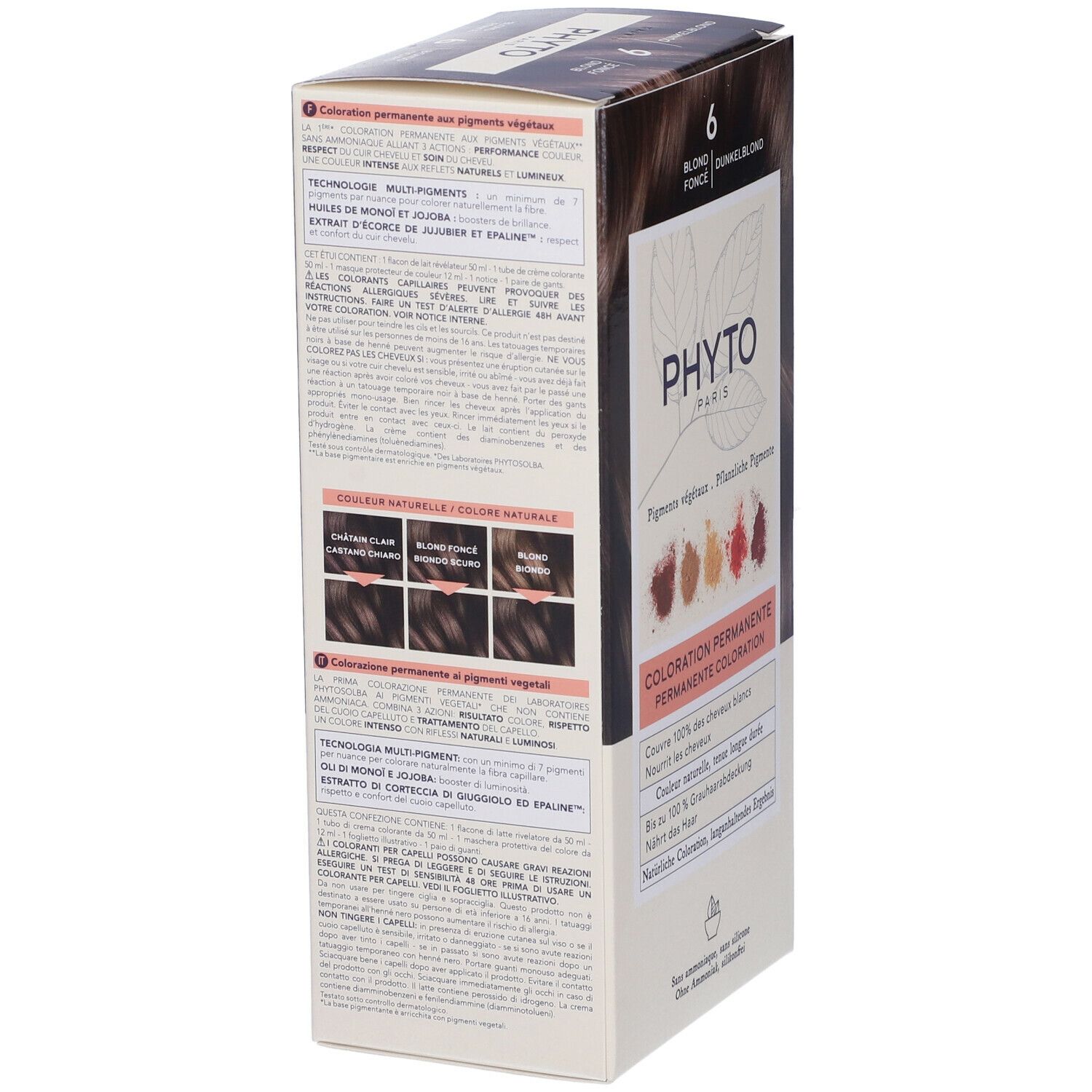 Verpackung PHYTO PARIS, Farbton 6, Dunkelblond. Enthält permanente Coloration. Rückseite mit Text und Farbmustern.